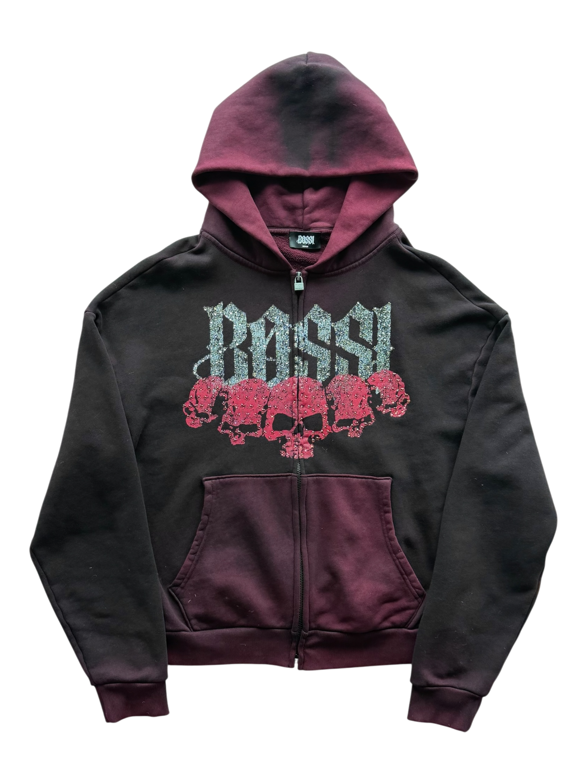 Triple Skull Zip Up Hoodie Burgandy