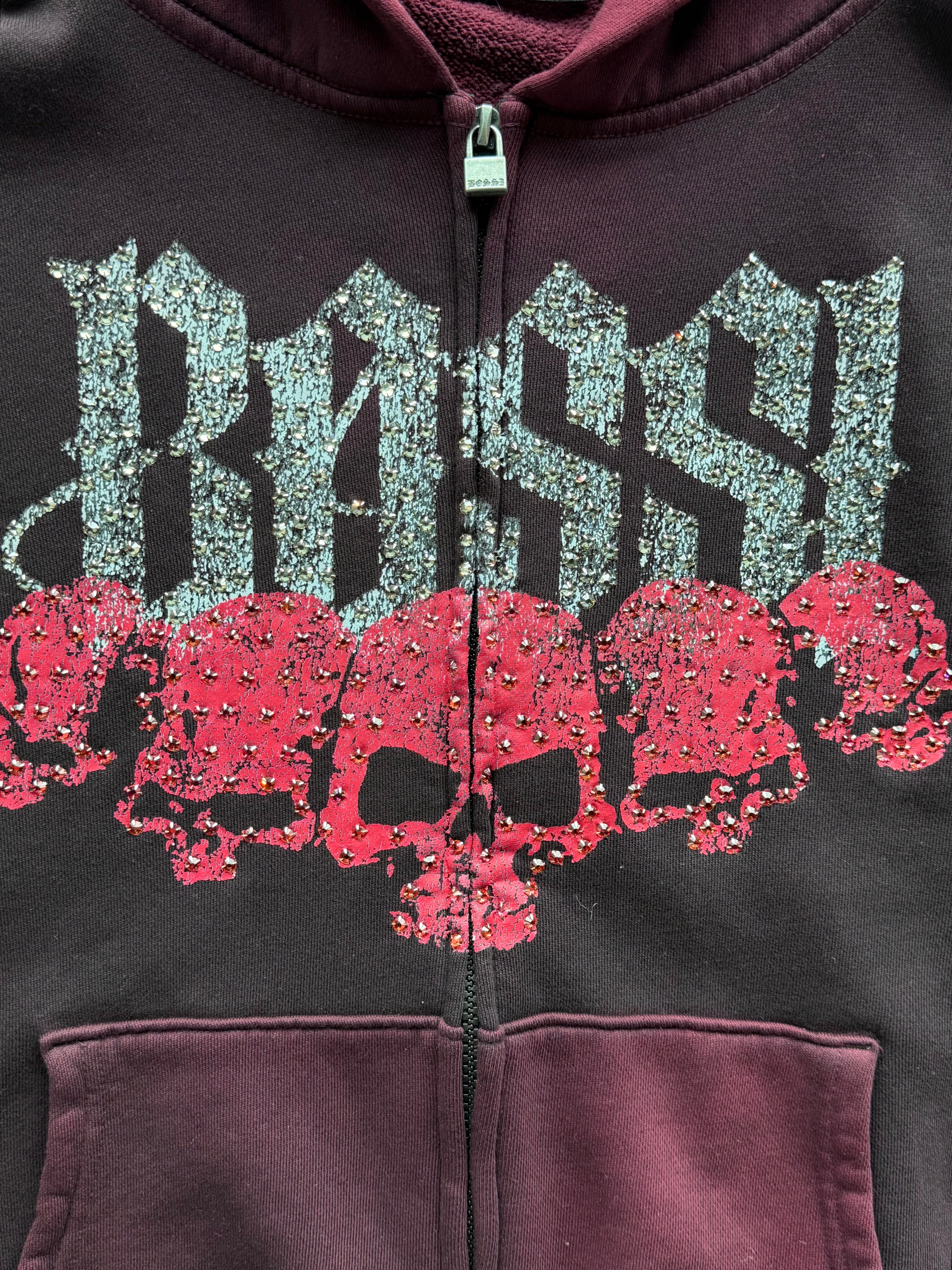 Triple Skull Zip Up Hoodie Burgandy