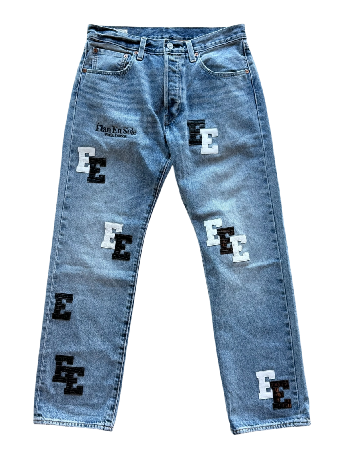 White Black Croc Patch Indigo Blue Jean