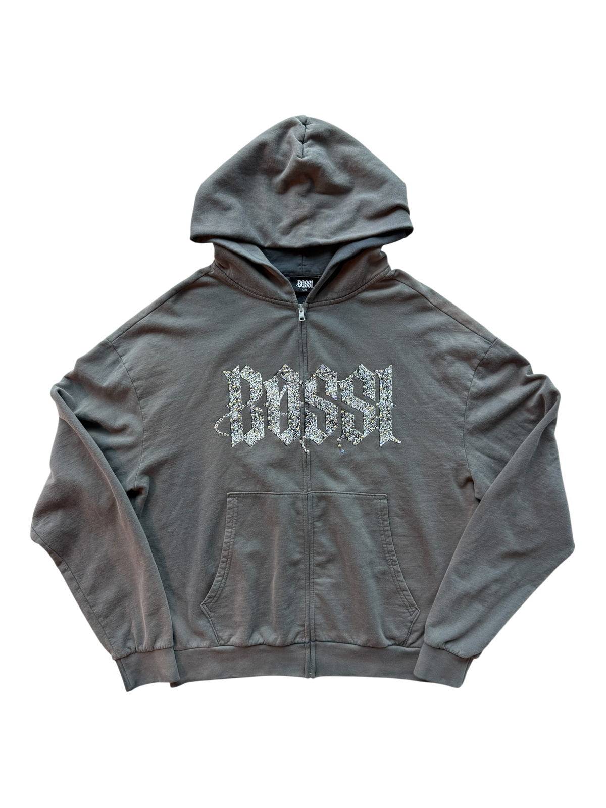 Grey Logo Washed Rhinestone Zip Up