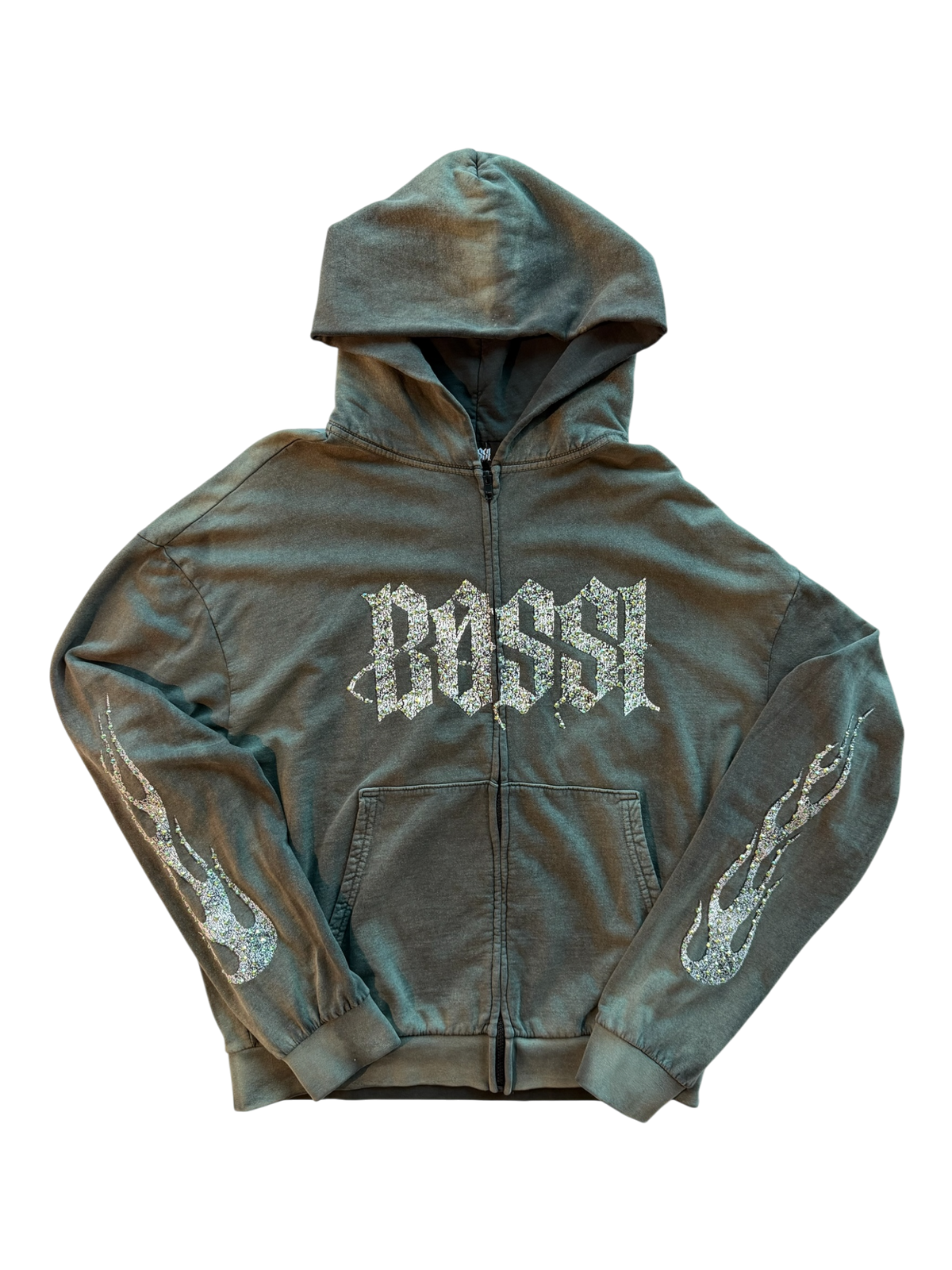 Green Flames Vintage Rhinestone Zip Up