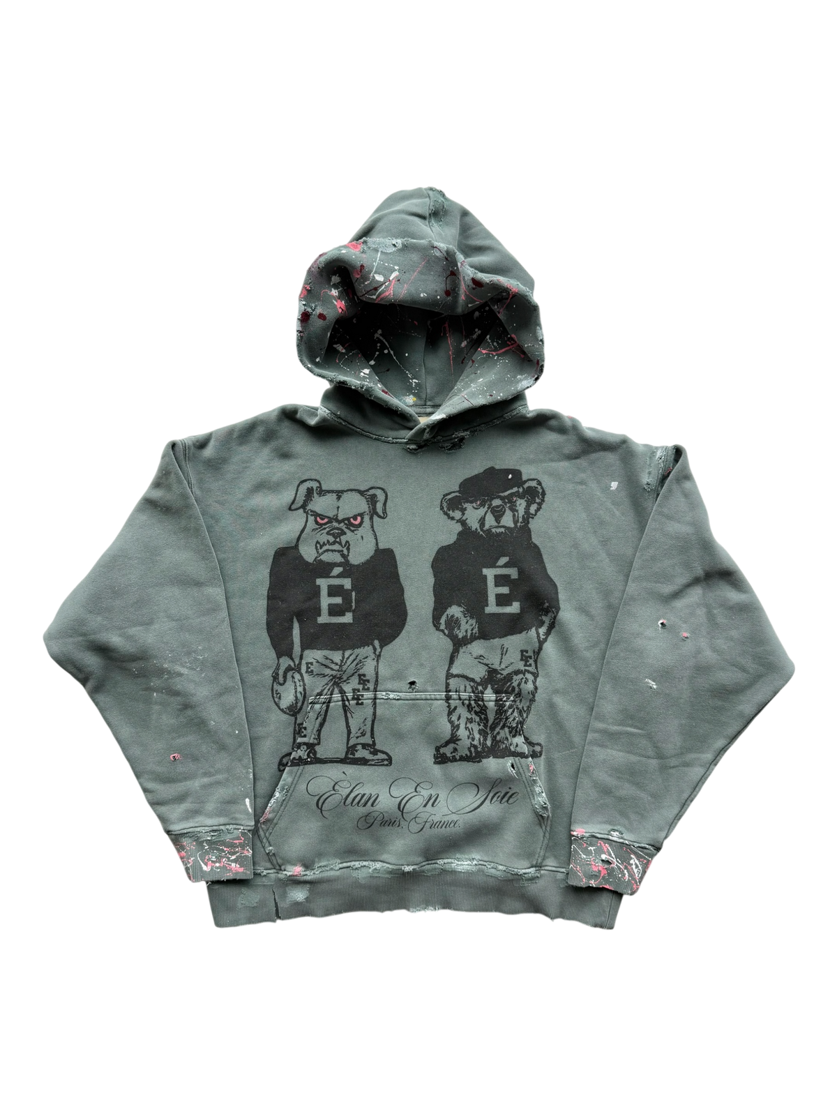 Varsity Bulldog Distressed Paint Splatter Hoodie Grey