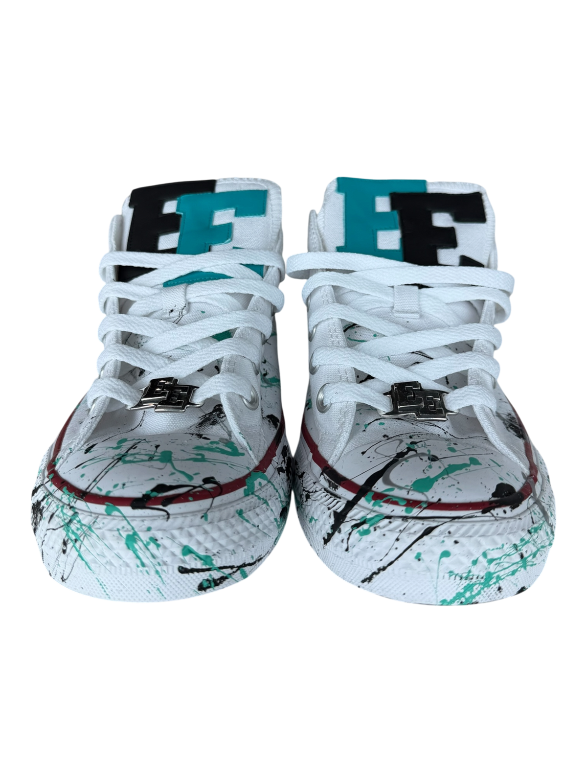 White Paint Splatter Teal Leather Patch Chuck Low