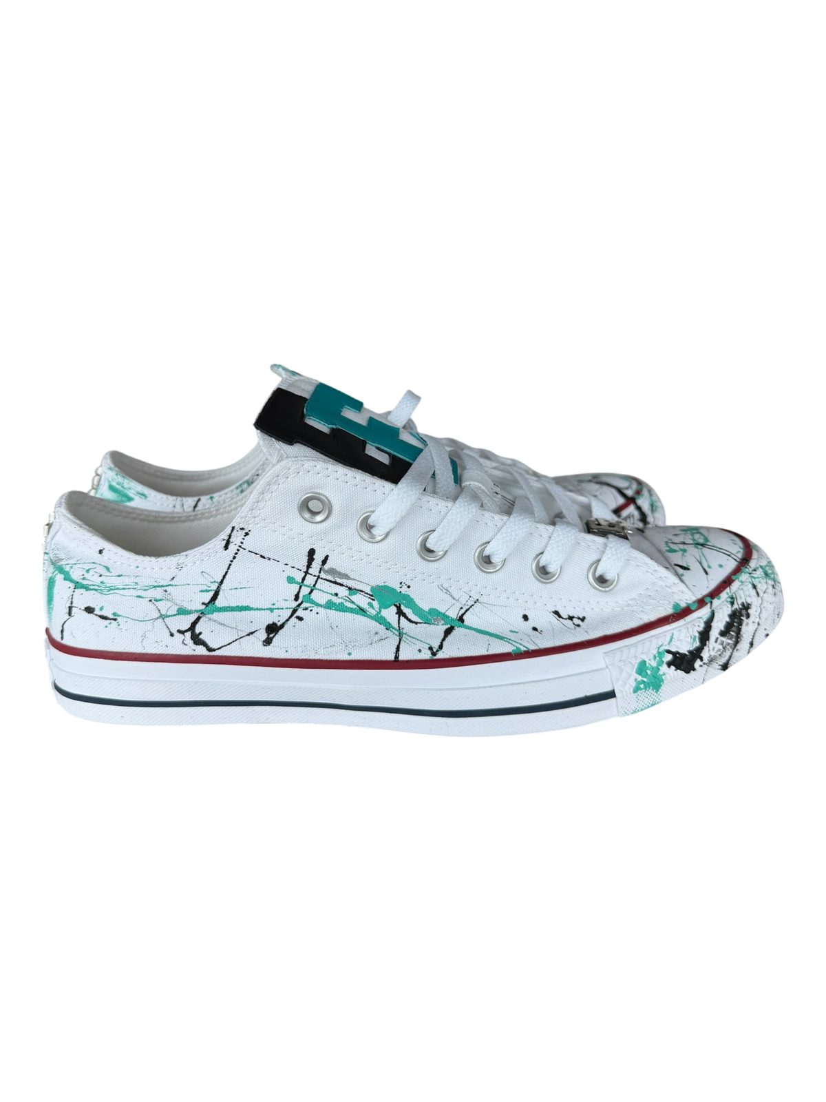 White Paint Splatter Teal Leather Patch Chuck Low
