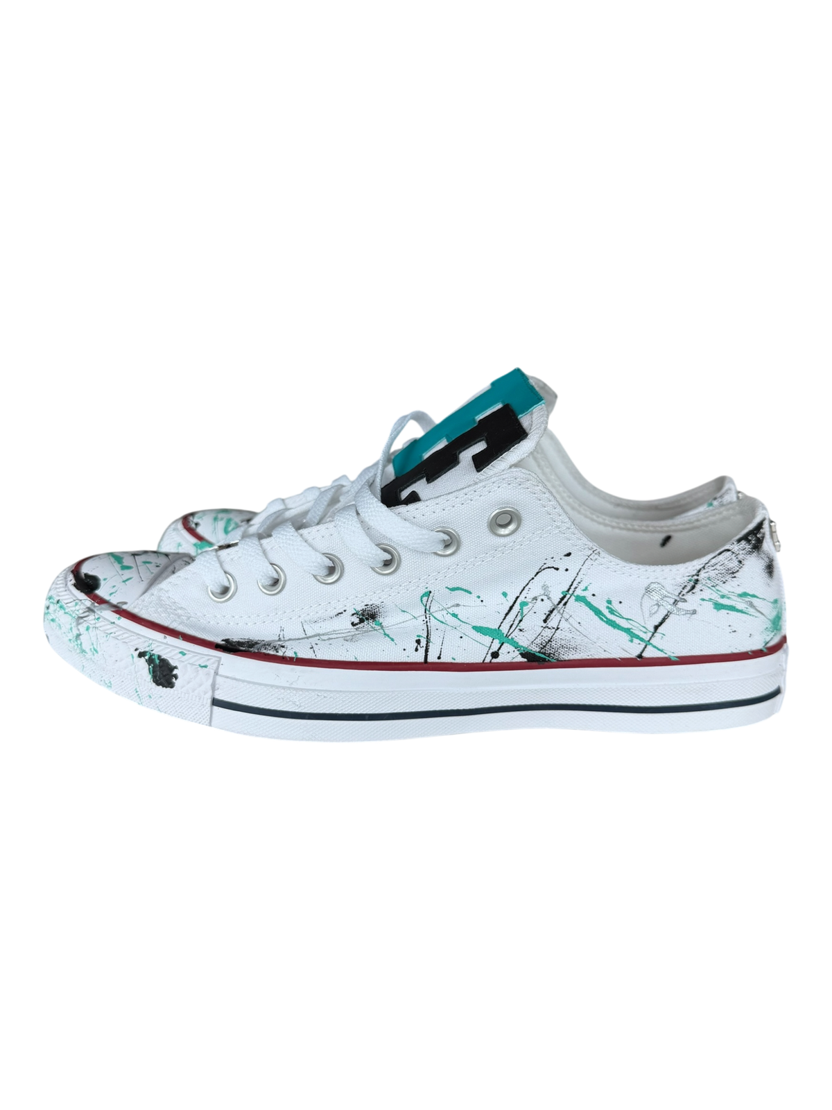 White Paint Splatter Teal Leather Patch Chuck Low