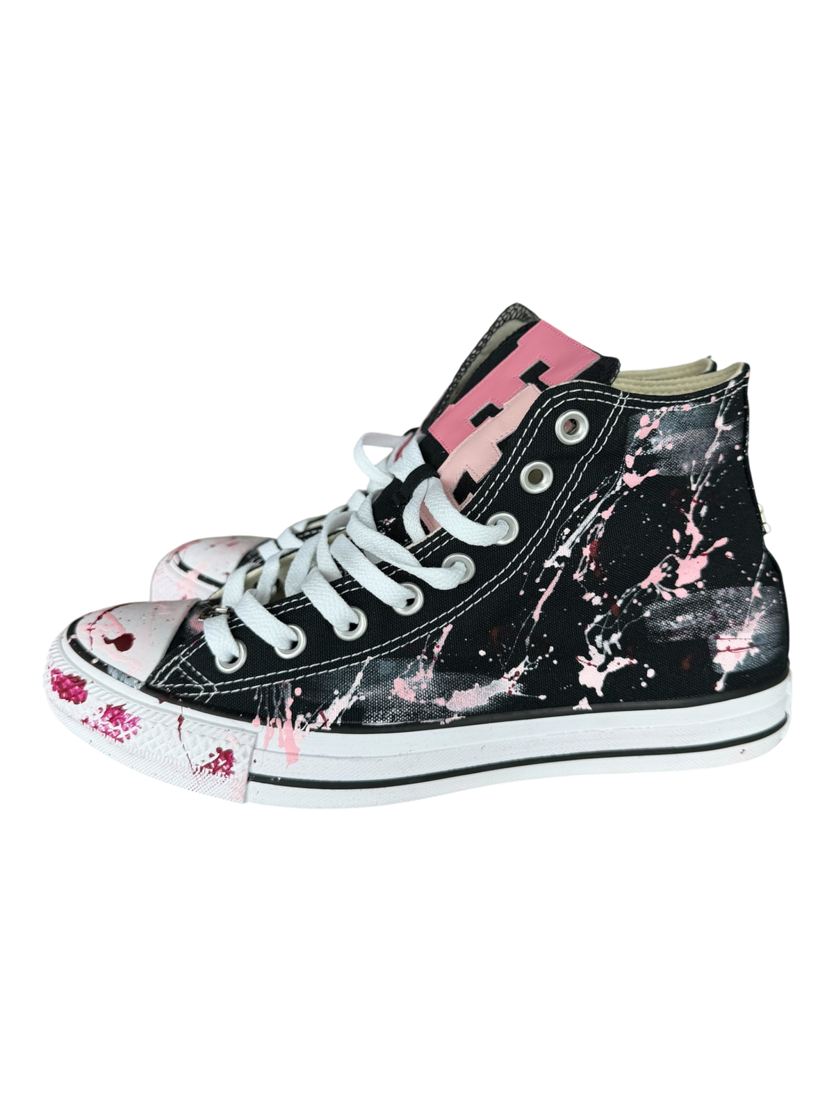 Black Paint Splatter Pink Leather Patch Chuck