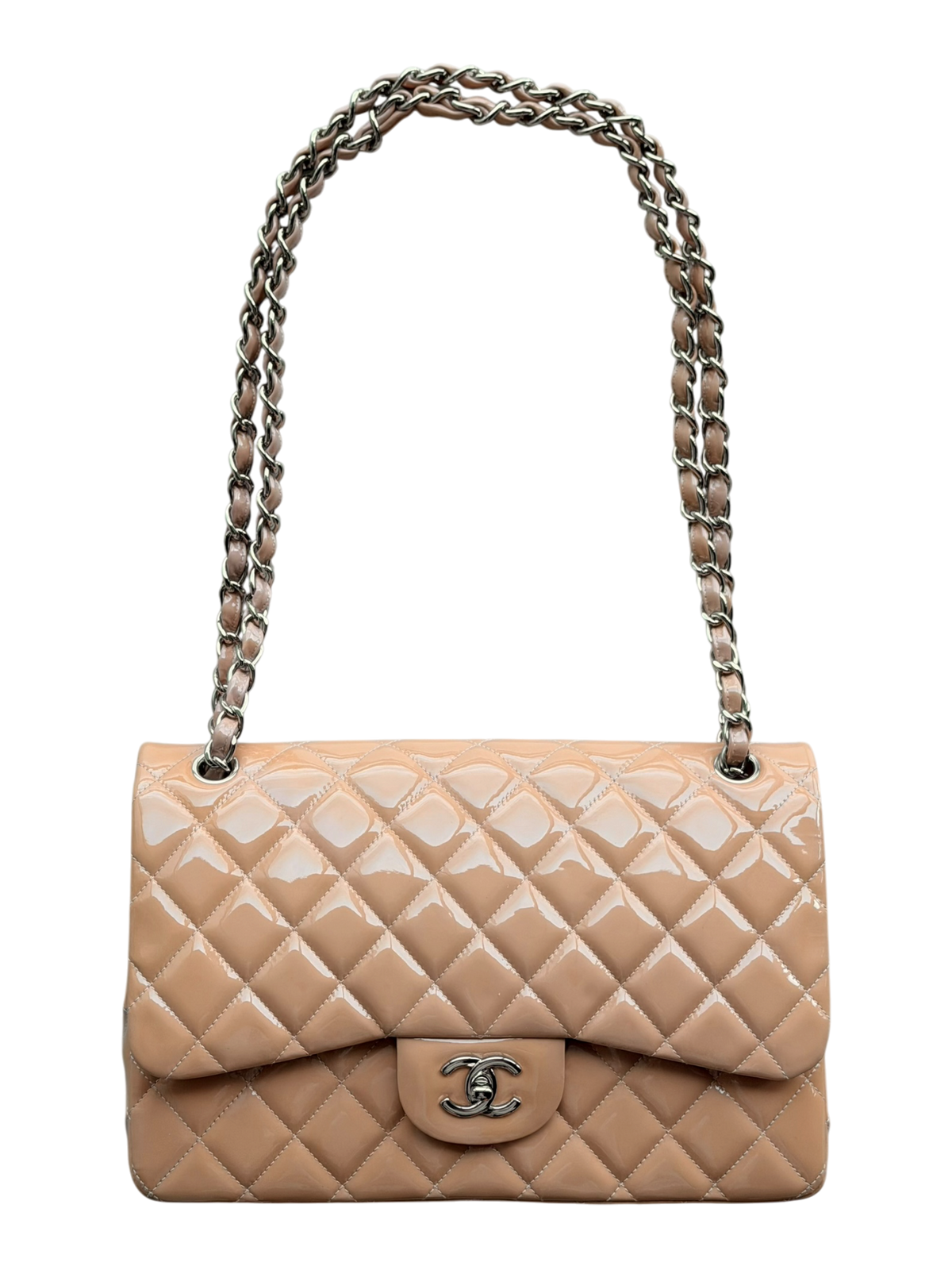 Beige Patent Quilted Jumbo Double Flap Bag