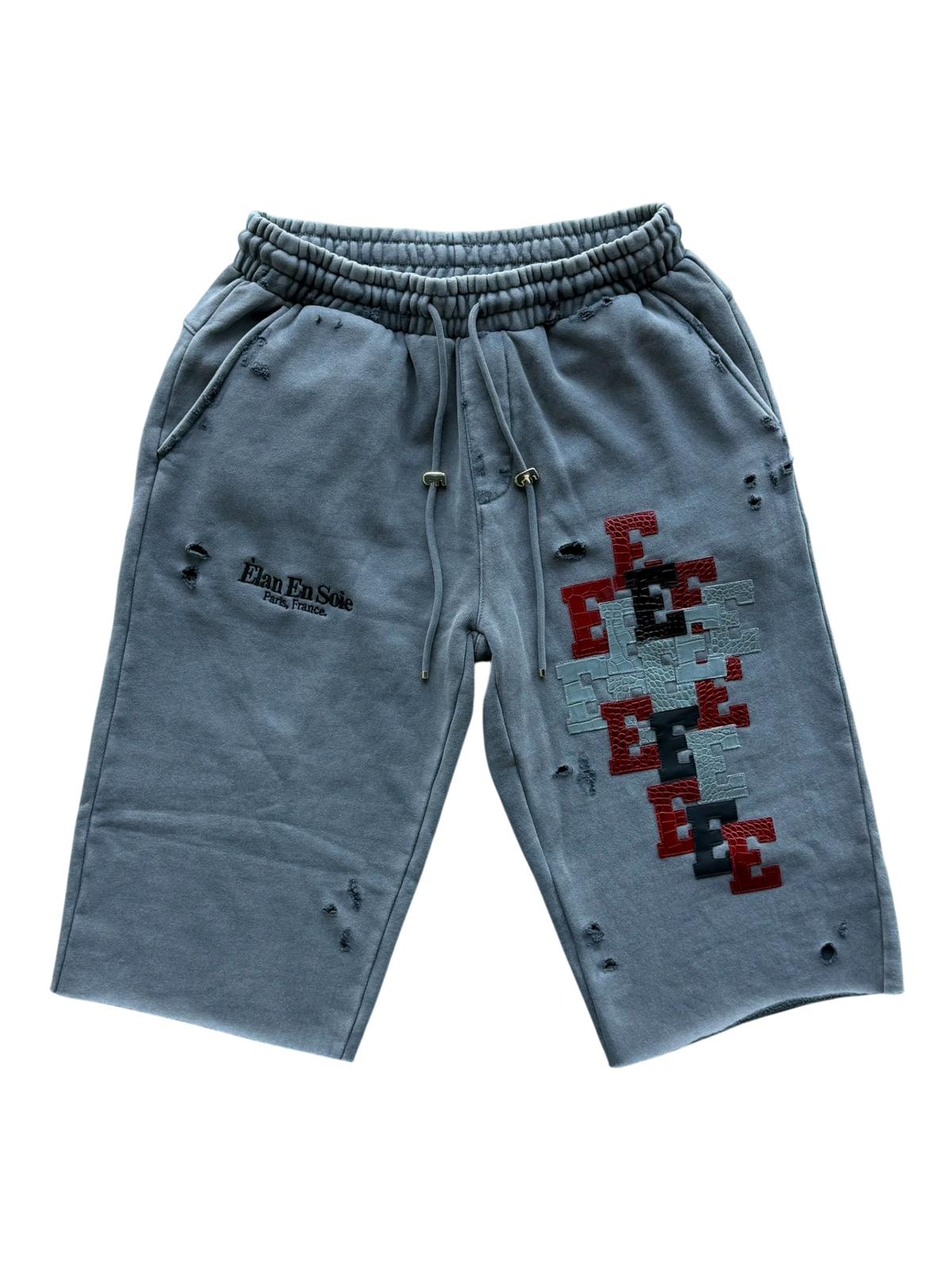 Red & Grey Croc Patch Distressed 3/4 Sweat Shorts Grey