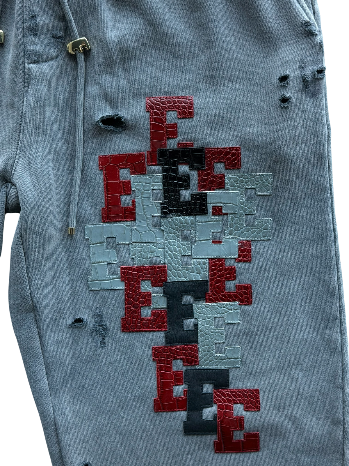 Red & Grey Croc Patch Distressed 3/4 Sweat Shorts Grey