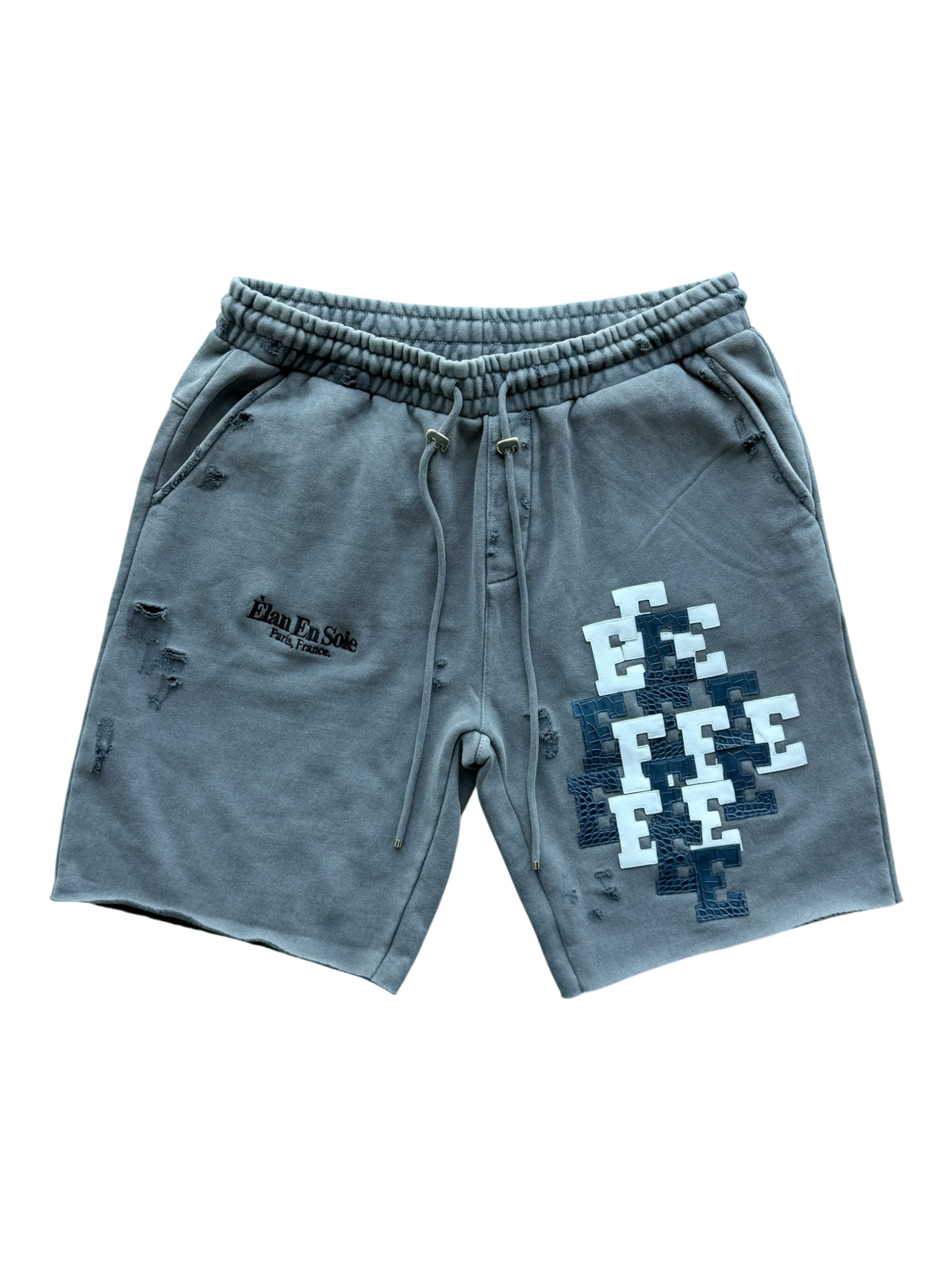 Navy & White Croc Patch Distressed Sweat Shorts Grey