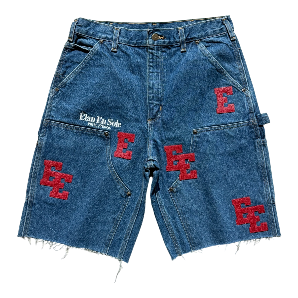 Red Pebbled Patch Indigo Denim Carpenter Short