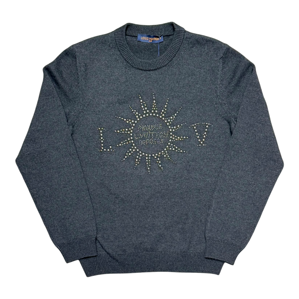 Embellished Long Sleeved Merino Wool Crew Neck Dark Grey