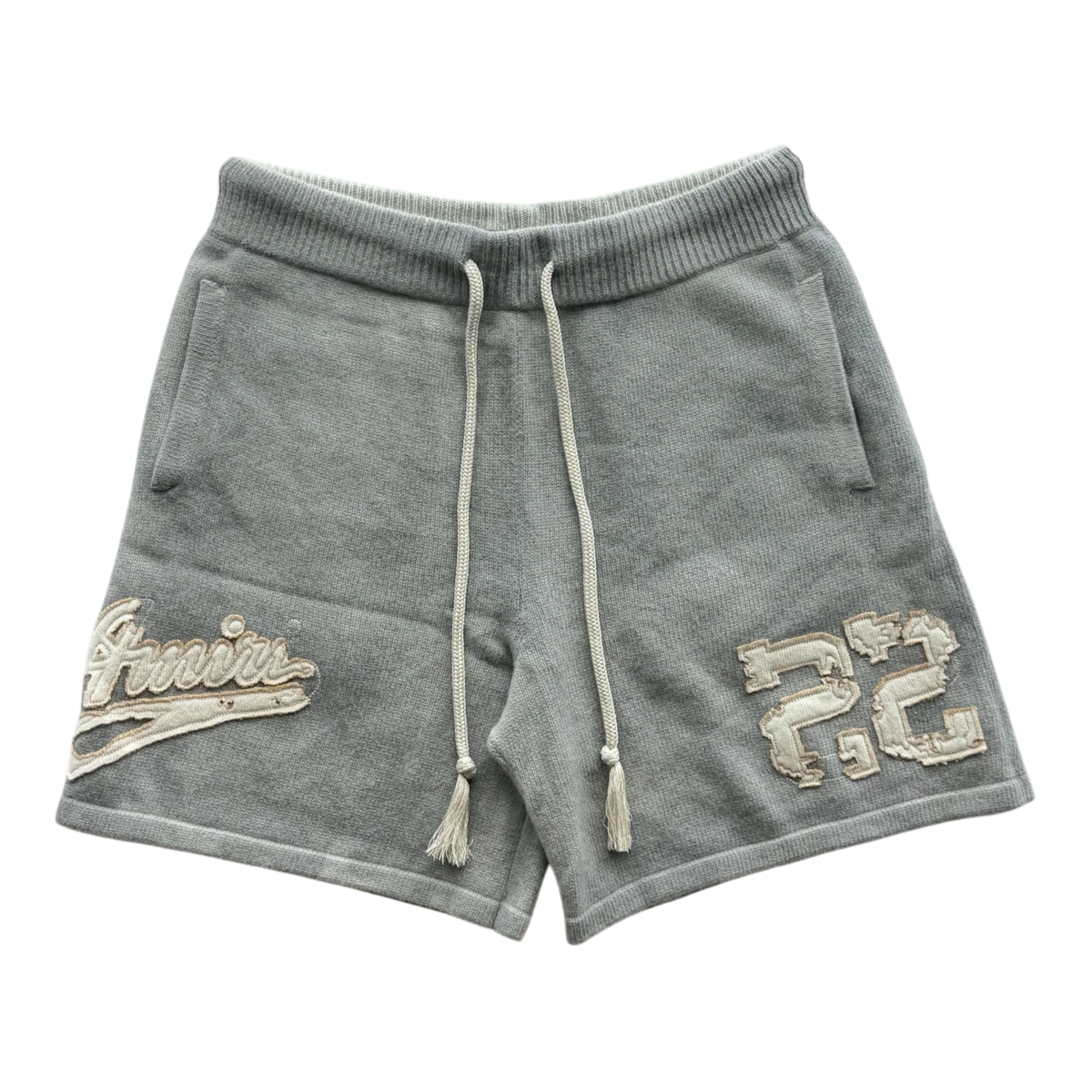 Grey & White Distressed 22 Logo Cashmere Shorts