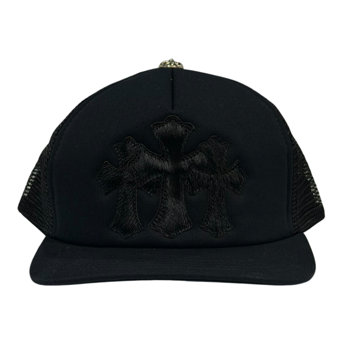 Pony Hair Black Cross Patch Trucker Hat