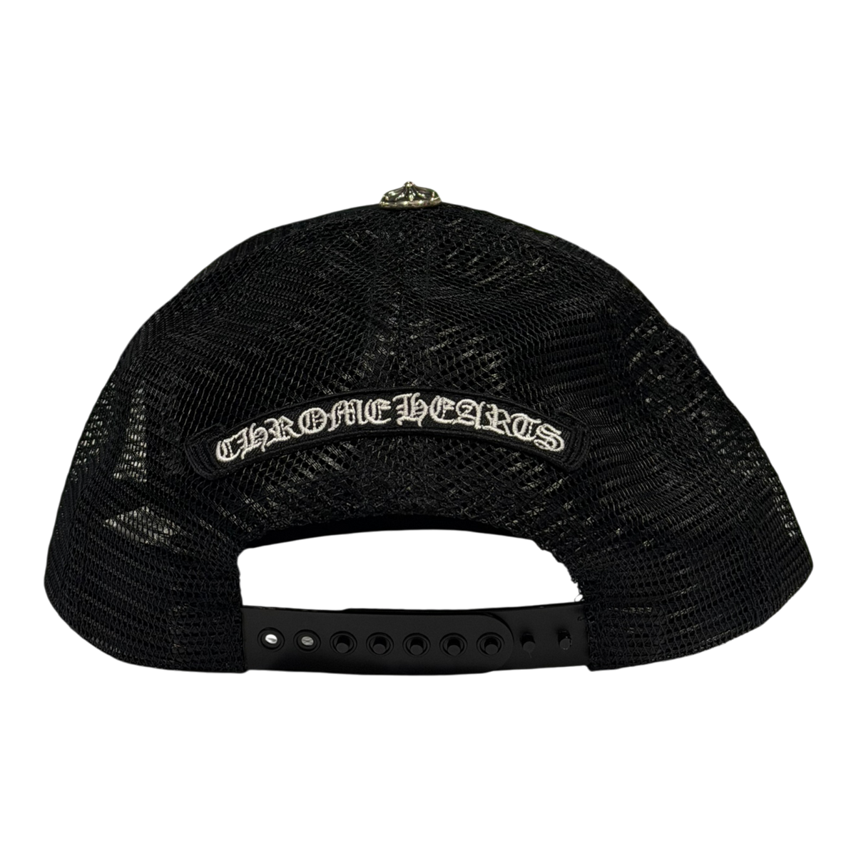 Pony Hair Black Cross Patch Trucker Hat