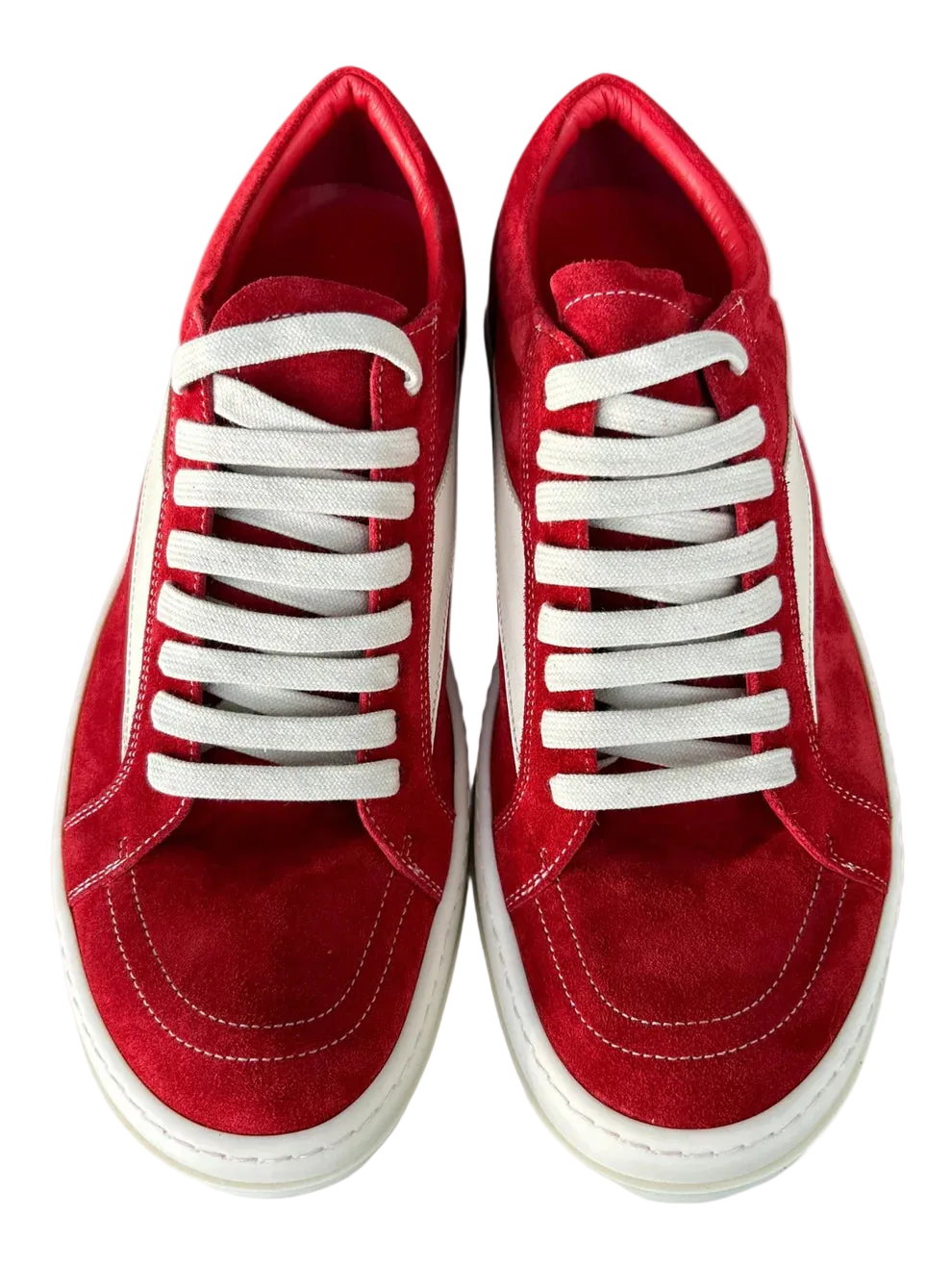 Rick Owens Red & White Suede Vintage Low Top Sneakers