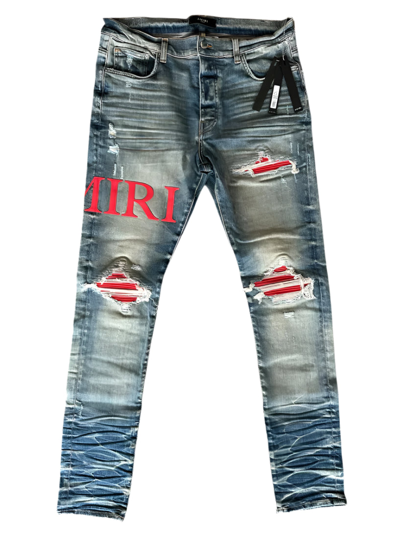 Vintage Indigo Red Serif Logo Distressed Jeans