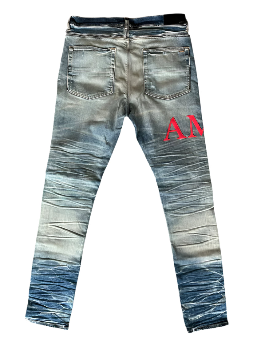 Vintage Indigo Red Serif Logo Distressed Jeans