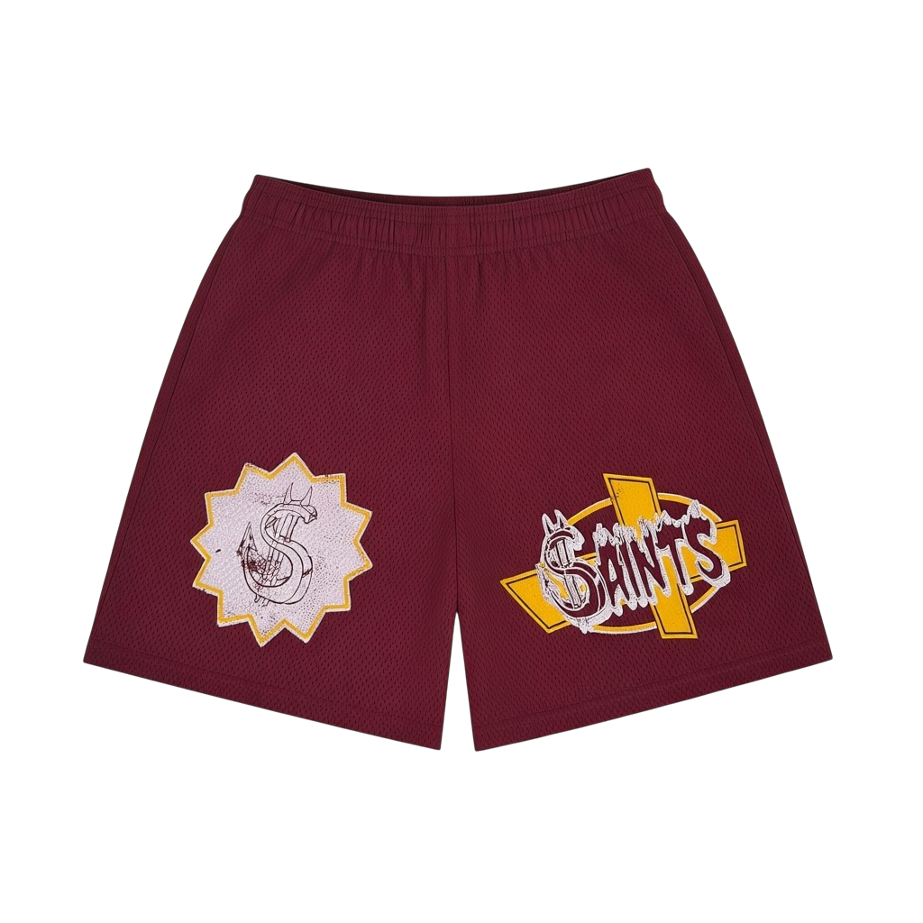 Burgundy/Gold Mesh Logo Shorts