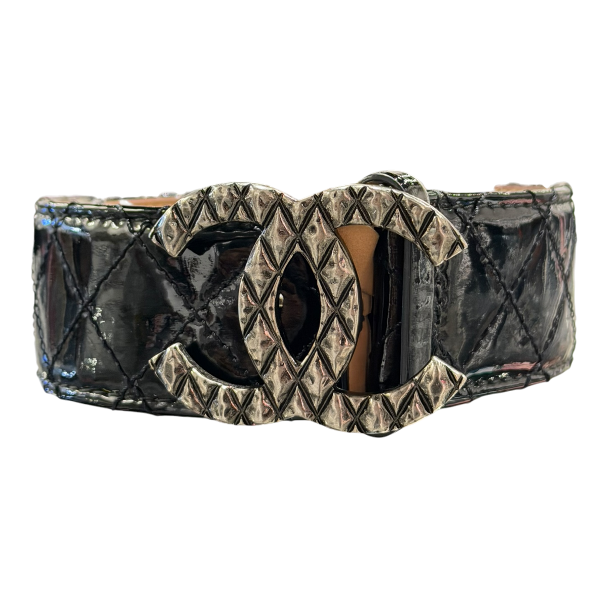 Double CC Buckle With Patent Leather Quilted Caviar Belt