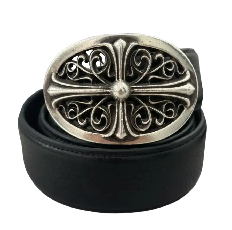 Oval Belt Buckle and Black Leather Belt