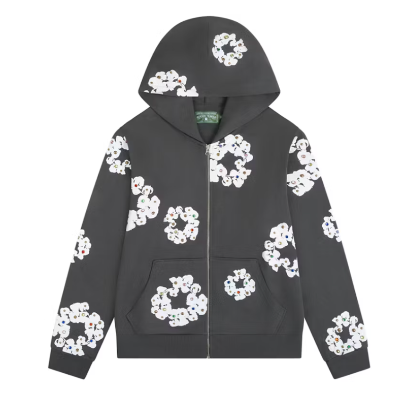 Rhinestone Cotton Wreath Zip Hoodie Vintage Black