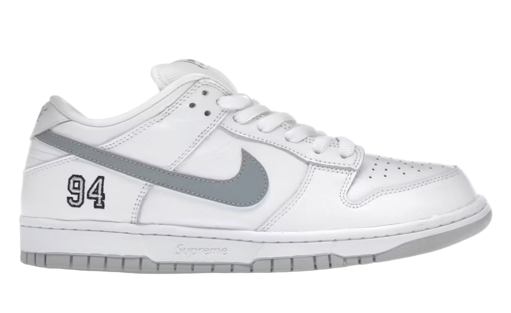 SB Dunk Low Supreme 94 White Metallic Silver