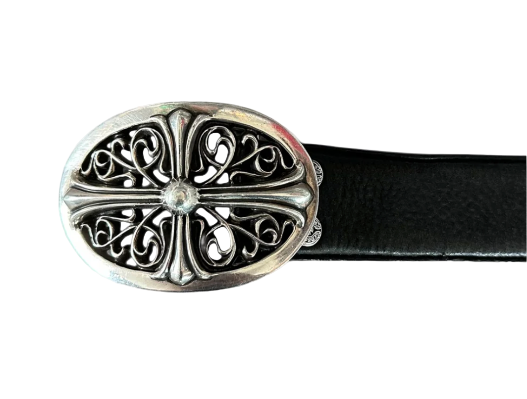 Chrome Hearts Black & Silver Oval Cross Pyramid Belt + Buckle Set
