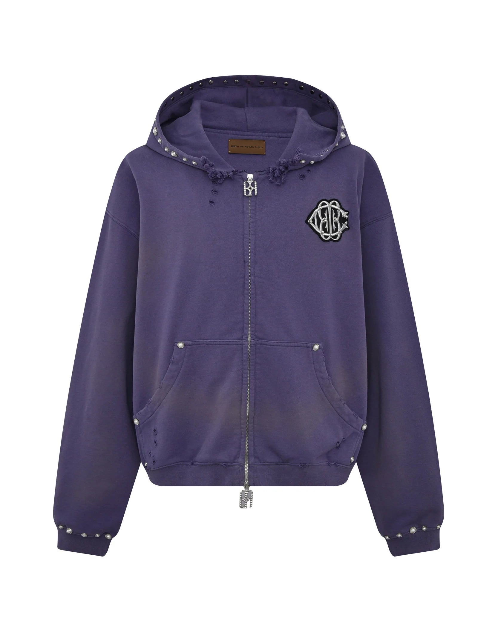 Pearl Studded Boxy Zip Hoodie Purple