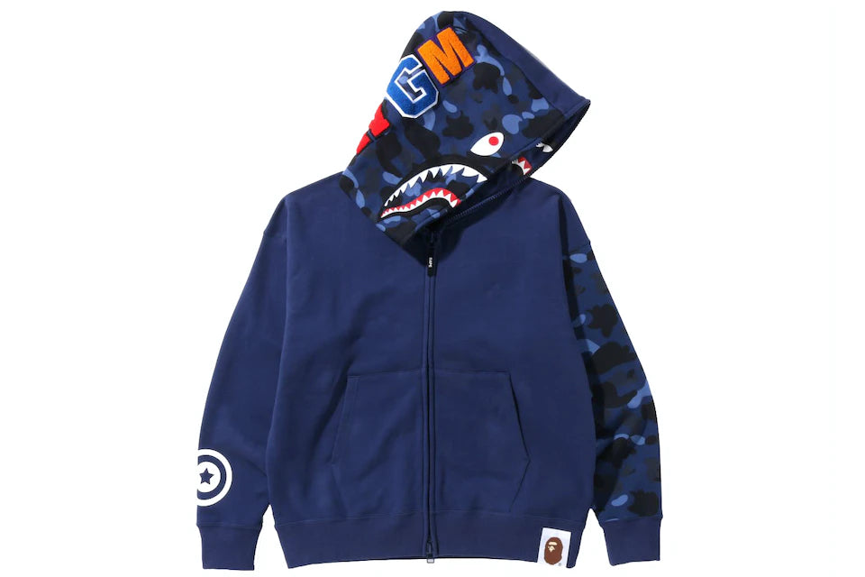 Color Camo Giant Shark Loose Fit Full Zip Hoodie Navy