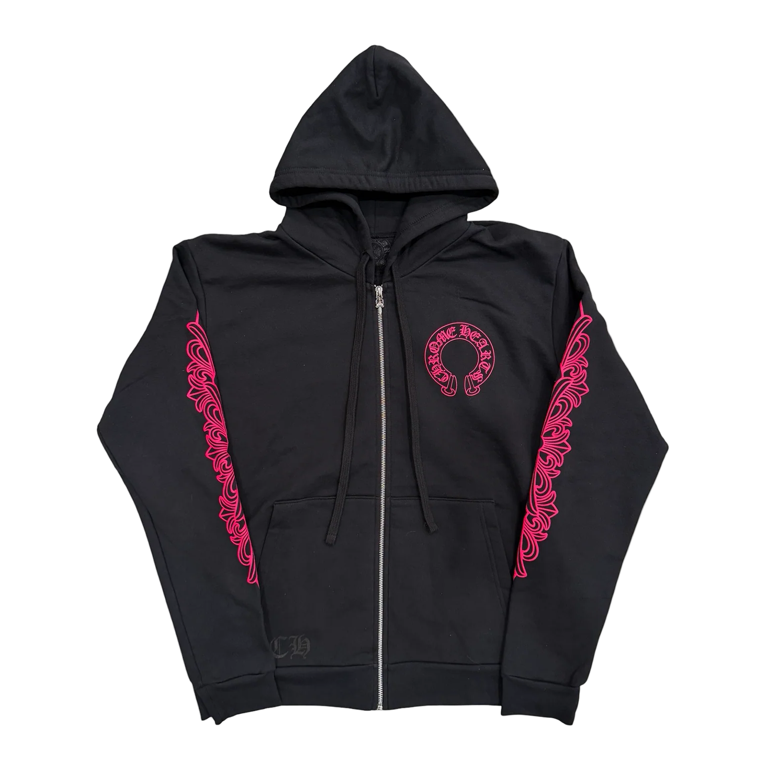 Pink Horseshoe Floral Sleeve Zip Up Hoodie Black – Grandeur Pink Horseshoe Floral Sleeve Zip Up Hoodie Black – Grandeur