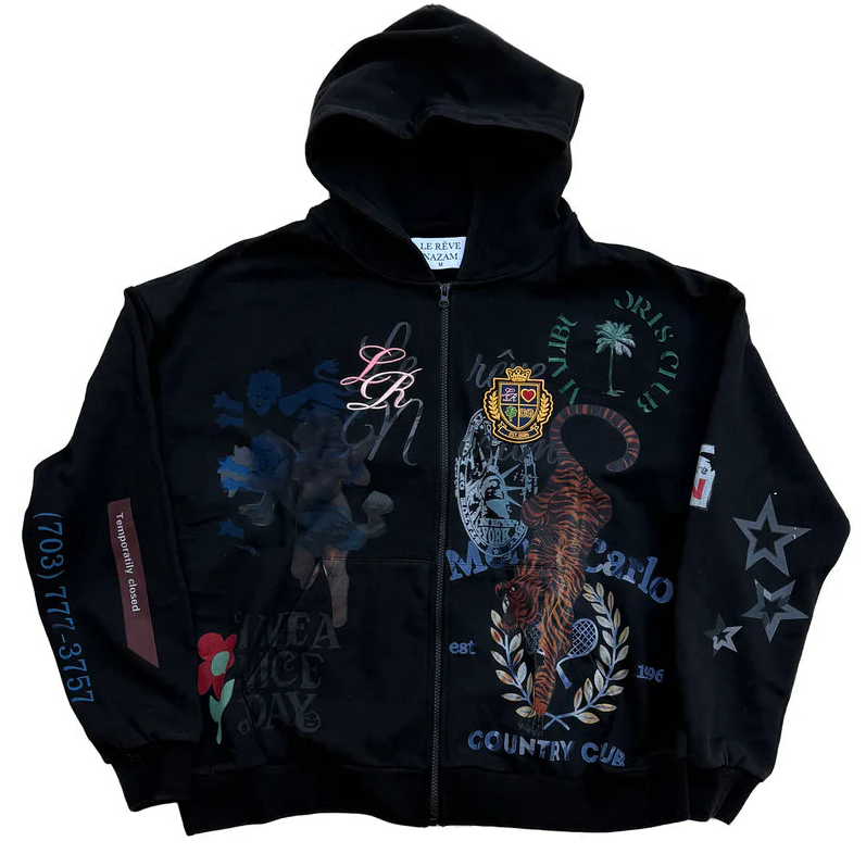 Black Zip Up Embroidered Artist Hoodie