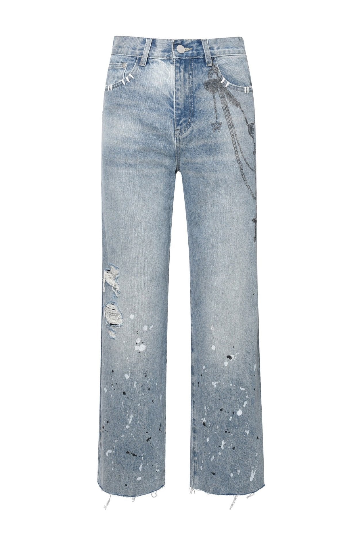 Chain Ink Print Detailed Patch Jeans