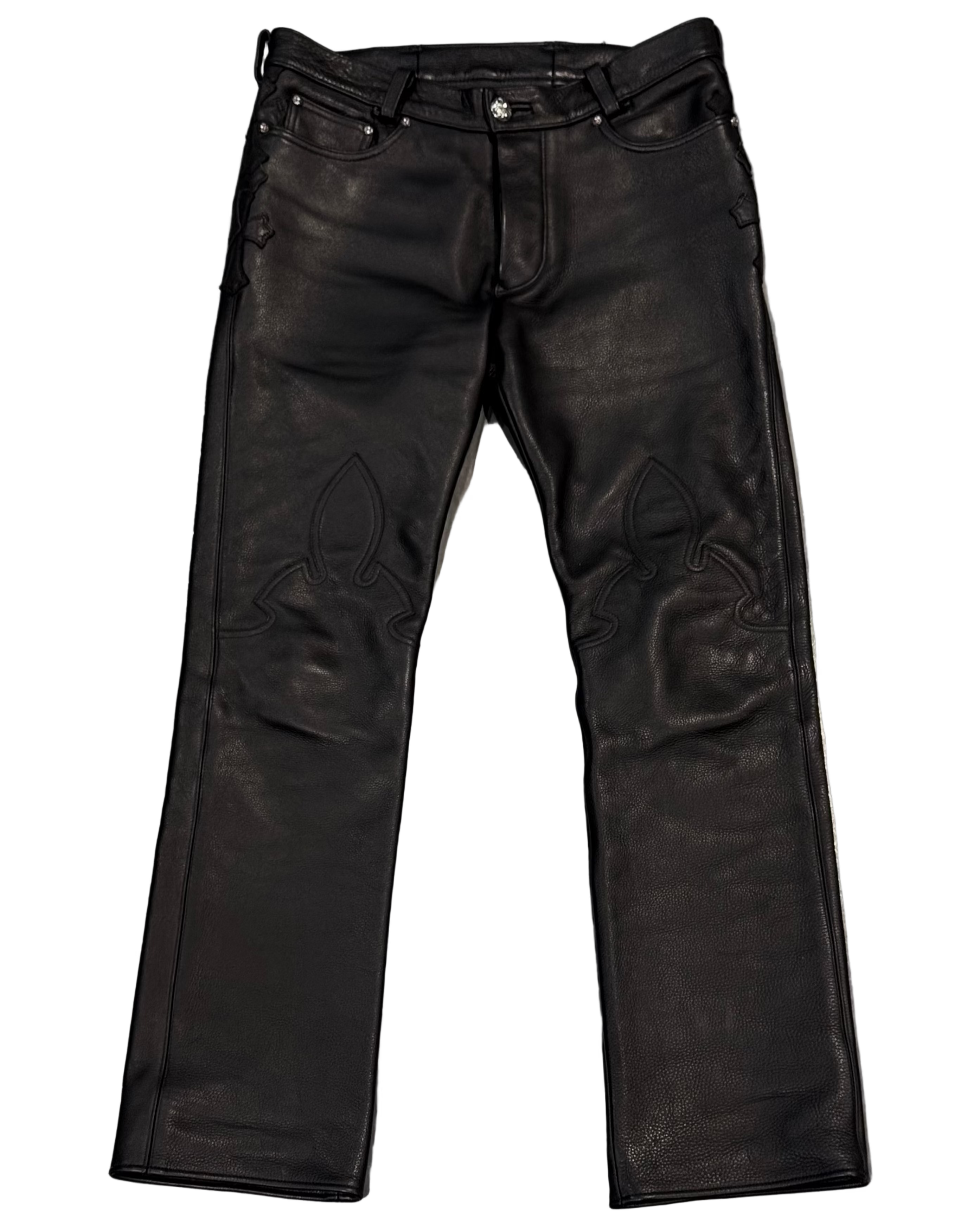 Leather Fleur Knee Pants Jeans With Black Patches