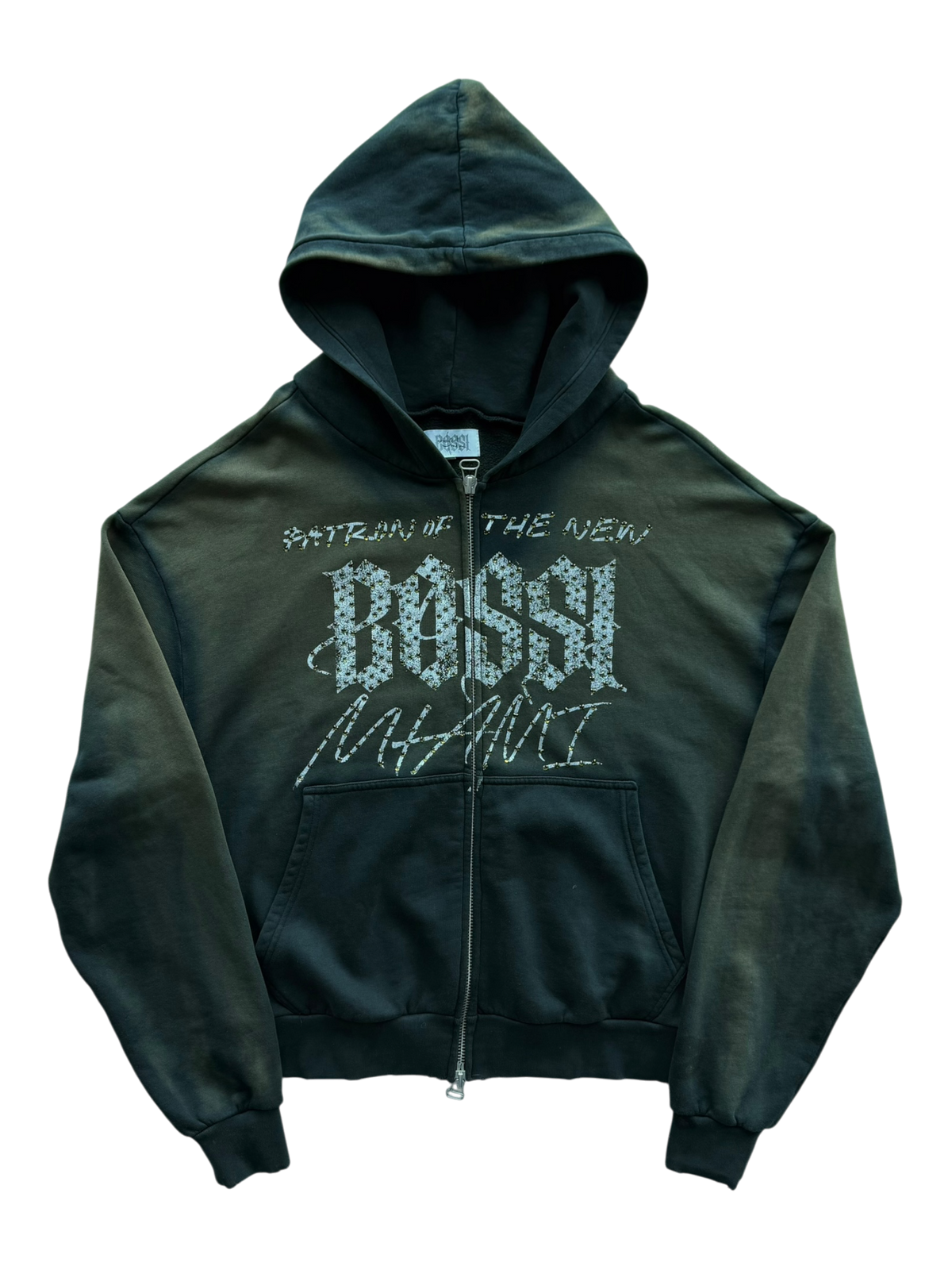 POTN Faded Green Rhinestone Embellished Zip Up Hoodie