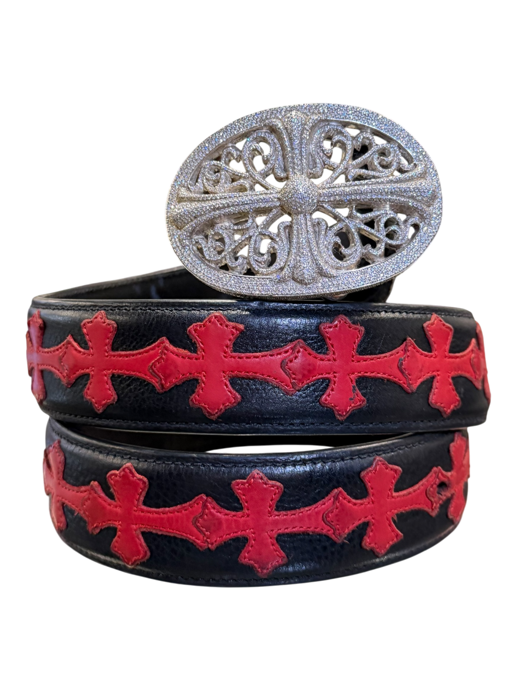 Chrome Hearts Red Patch Belt With a Diamond Oval Buckle