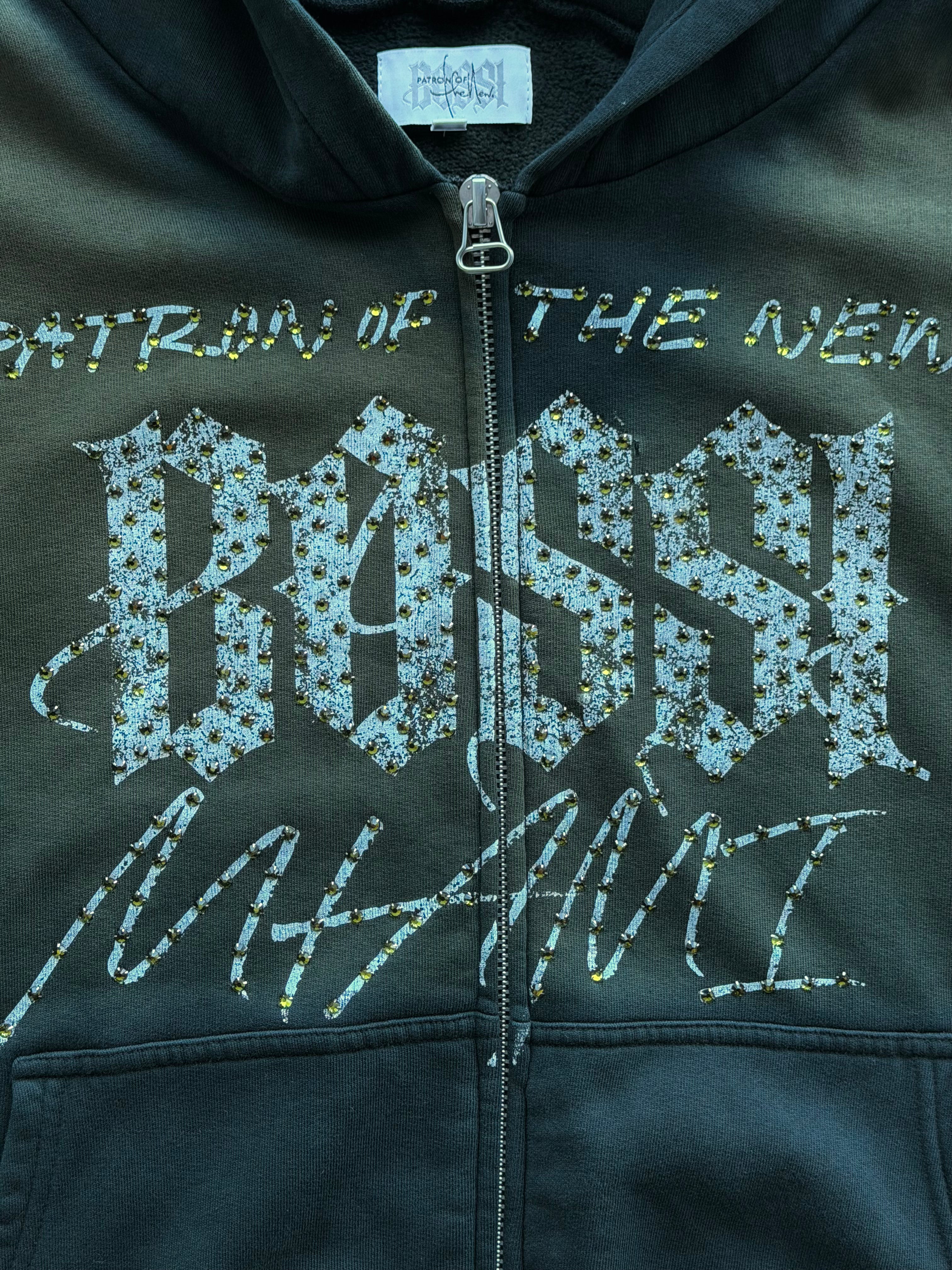 POTN Faded Green Rhinestone Embellished Zip Up Hoodie