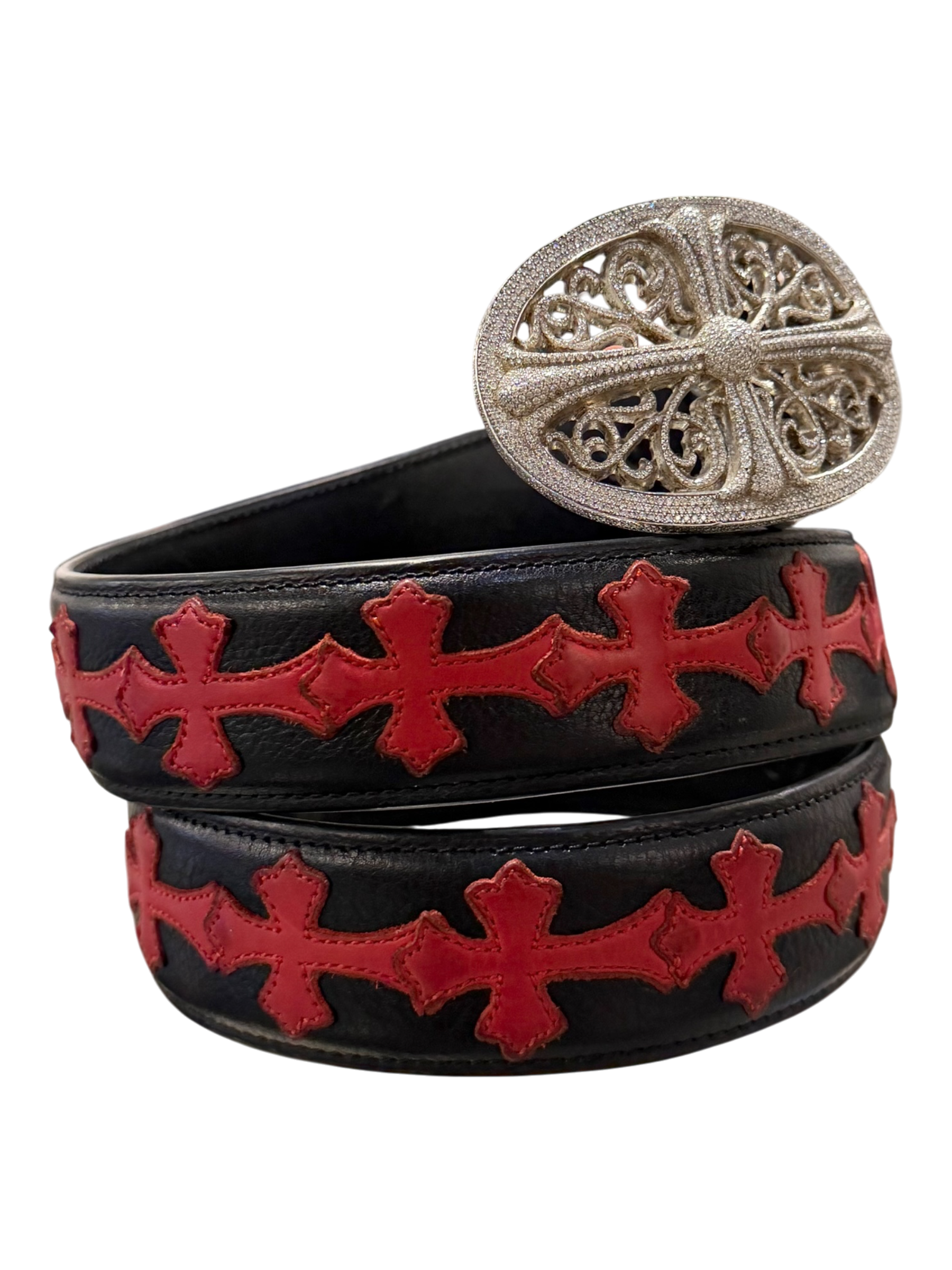 Chrome Hearts Red Patch Belt With a Diamond Oval Buckle