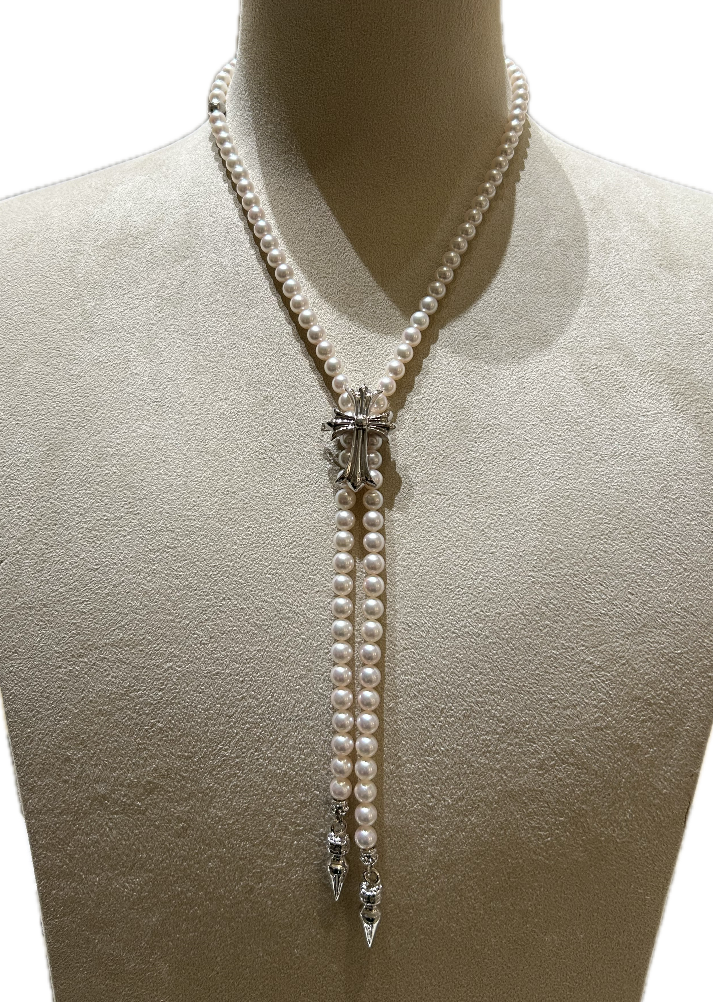Chrome Hearts Mikimoto 18K White Gold Cross Necklace with Akoyo Pearl
