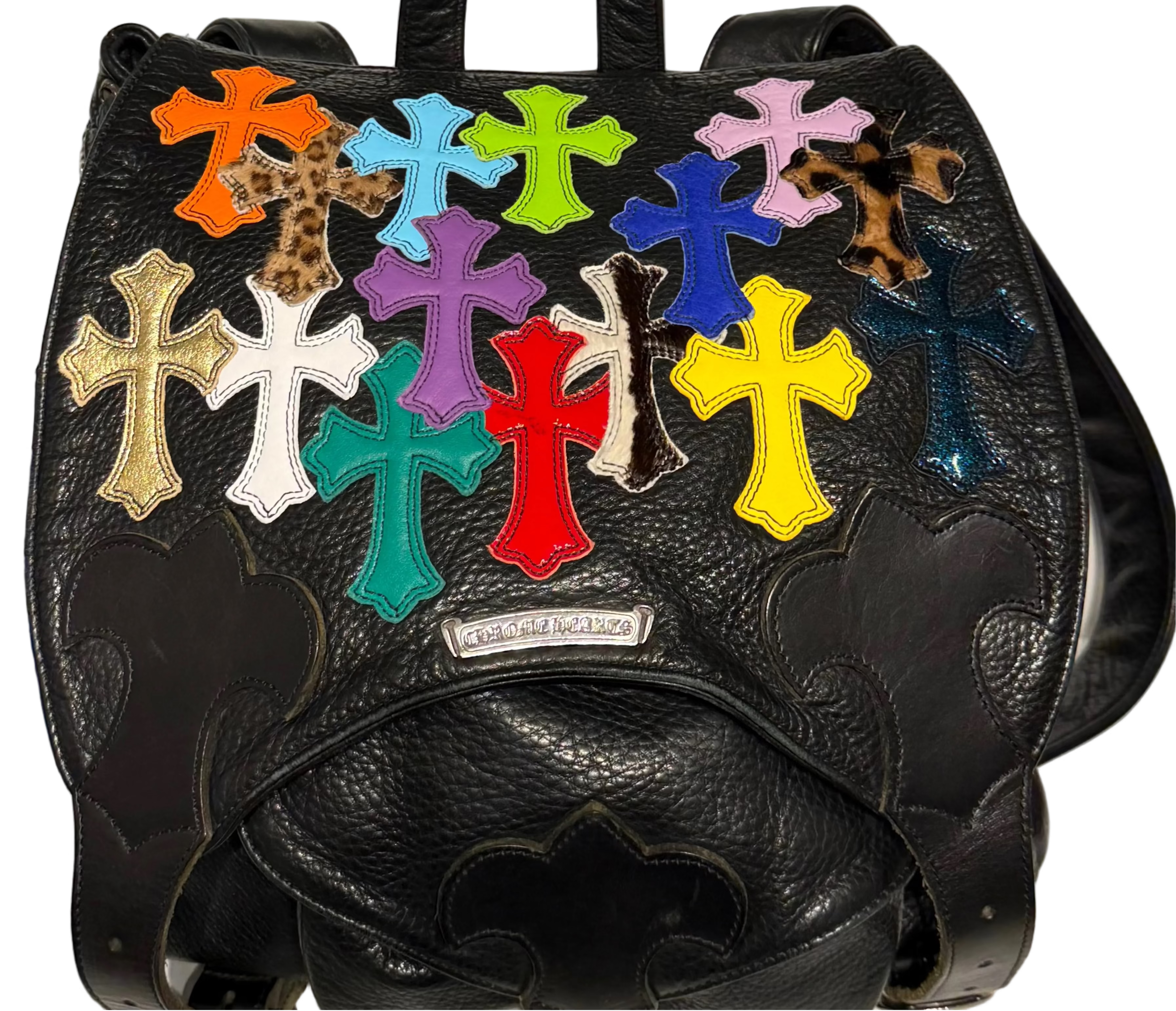 Black Multicolor Cross Patch Leather Gunslinger Backpack