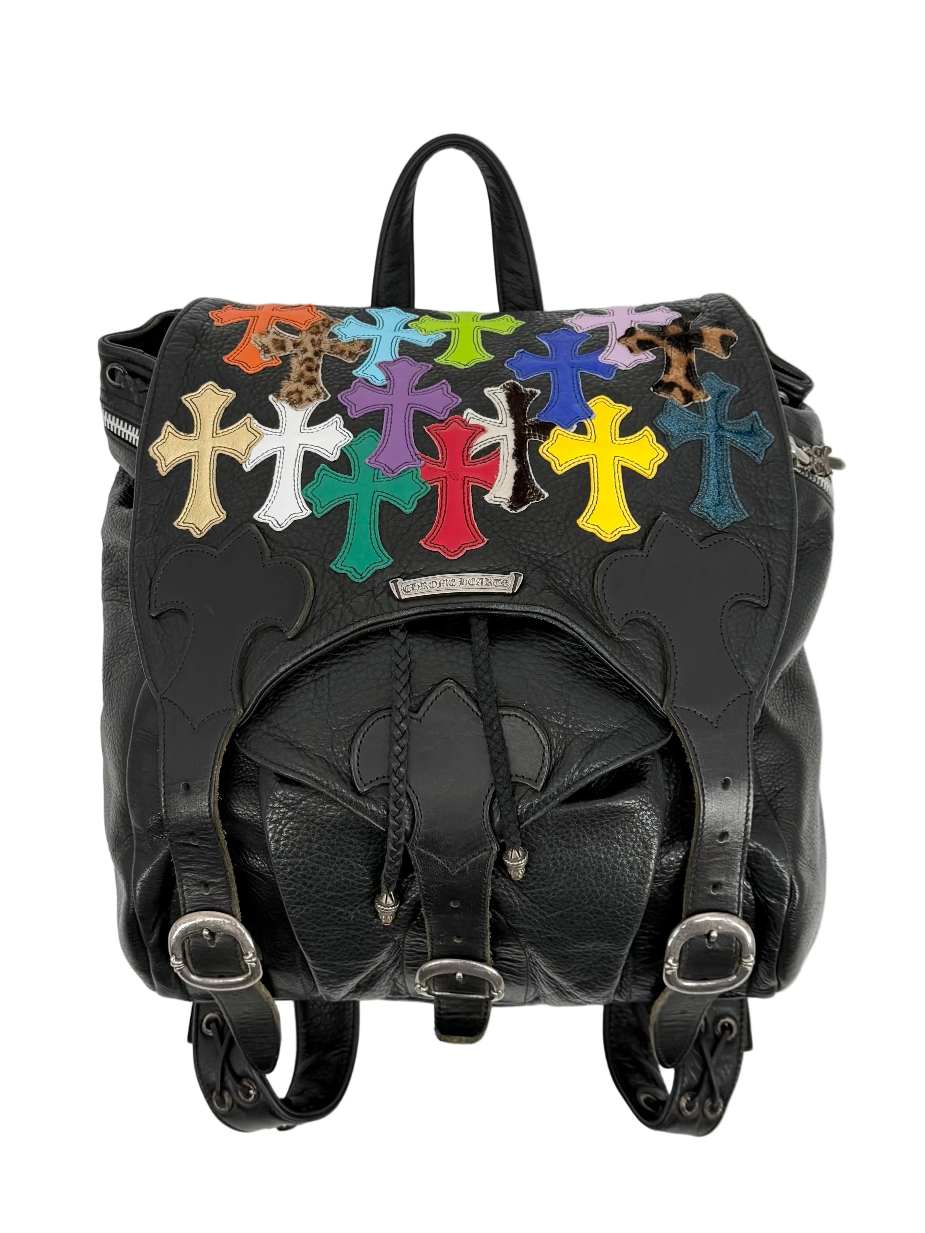 Black Multicolor Cross Patch Leather Gunslinger Backpack