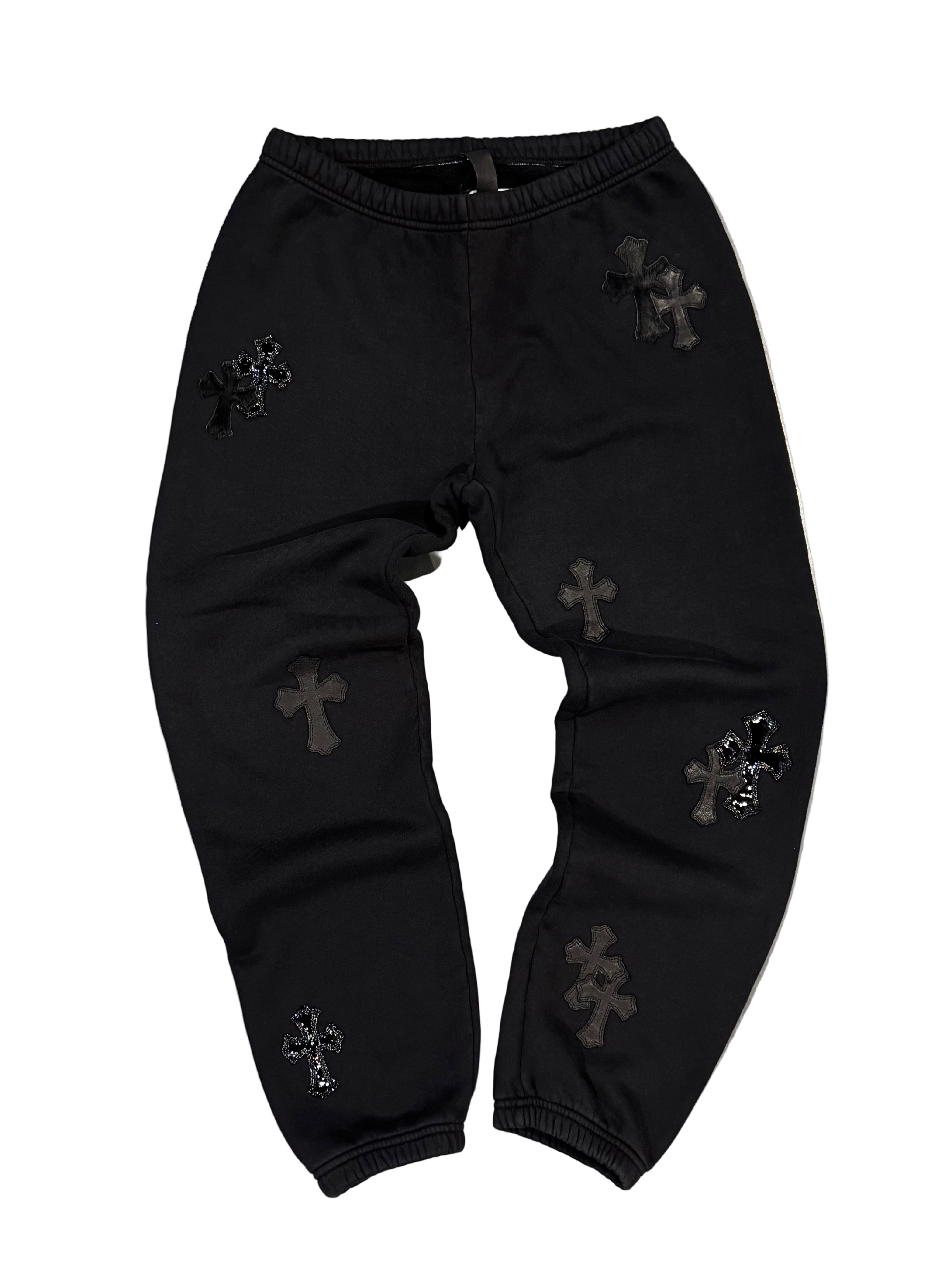 Patent Leather & Calf Hair Cross Patch Sweatpants Black