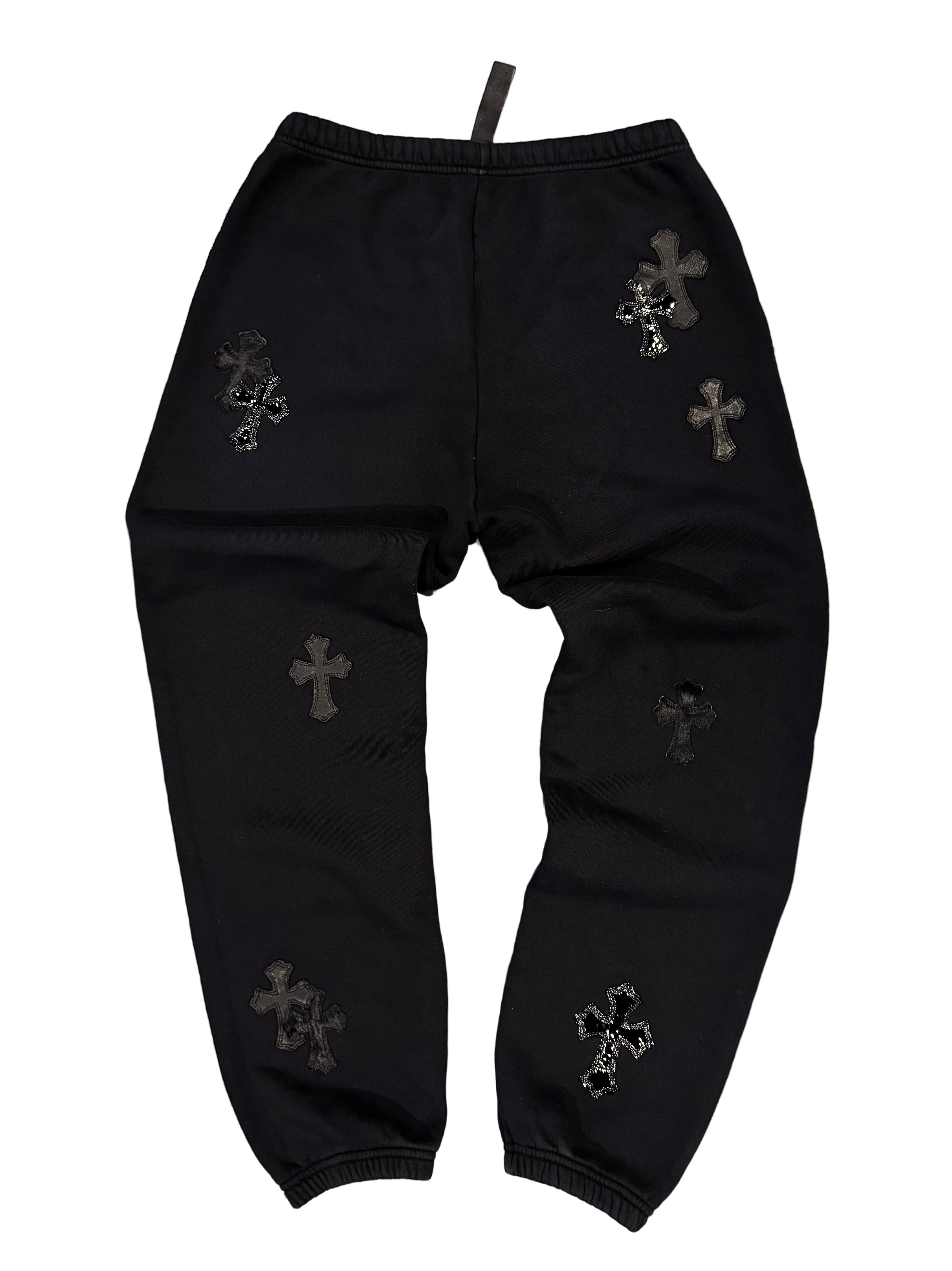 Patent Leather & Calf Hair Cross Patch Sweatpants Black