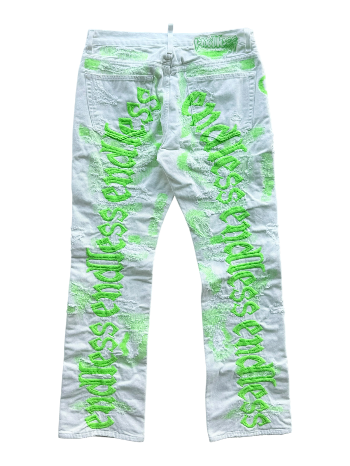 Embroidered and Distressed Denim Jeans White Neon Green