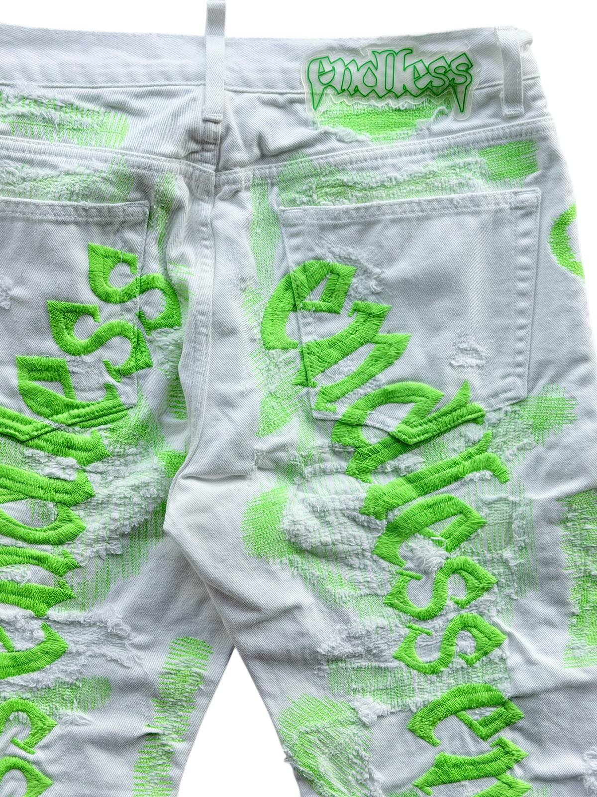Embroidered and Distressed Denim Jeans White Neon Green