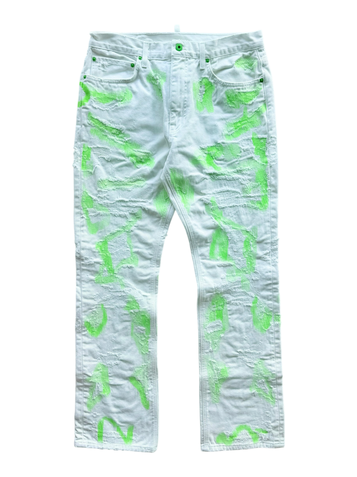 Embroidered and Distressed Denim Jeans White Neon Green