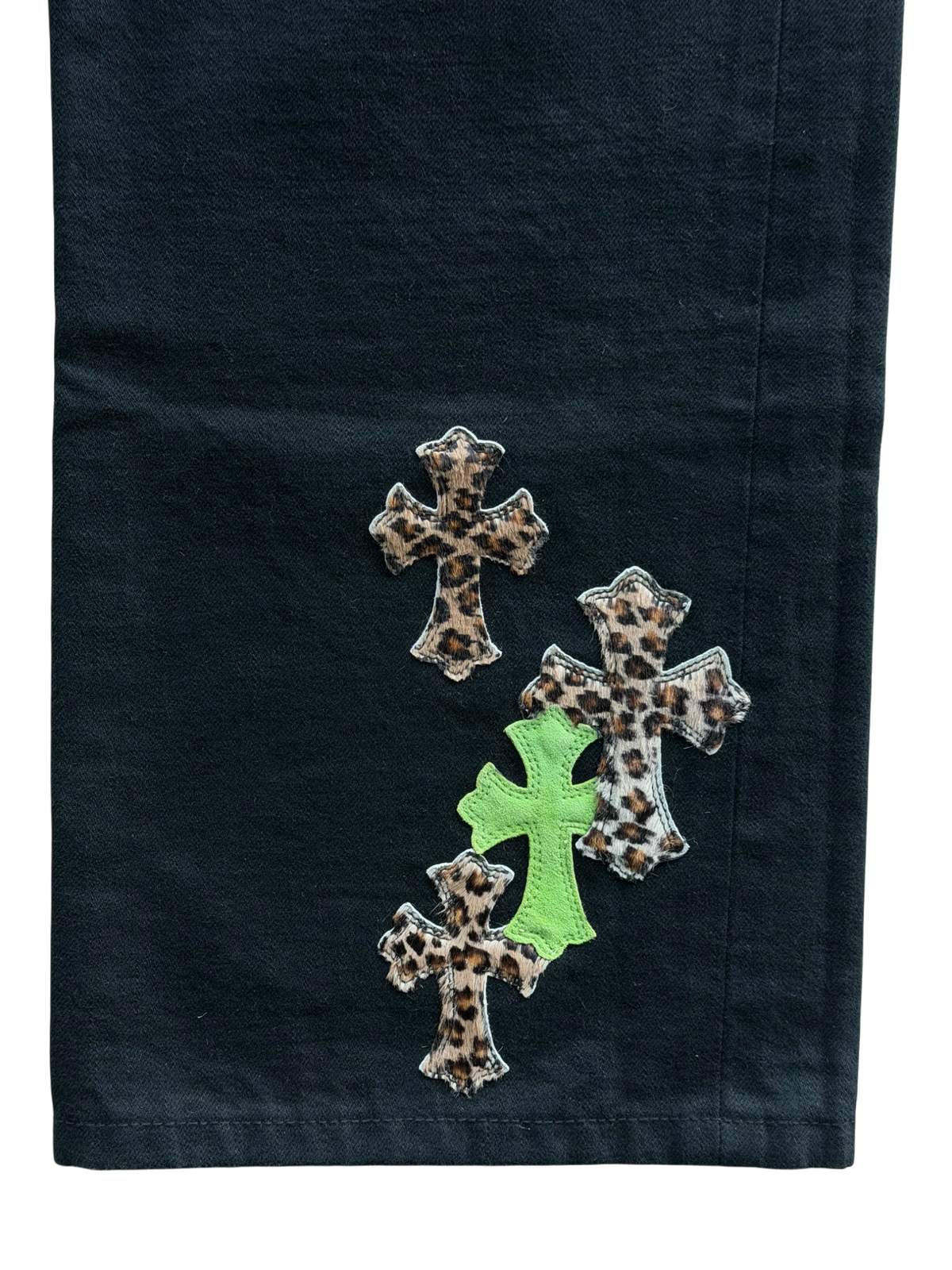 Leopard Green Leather Cross Patch Jeans