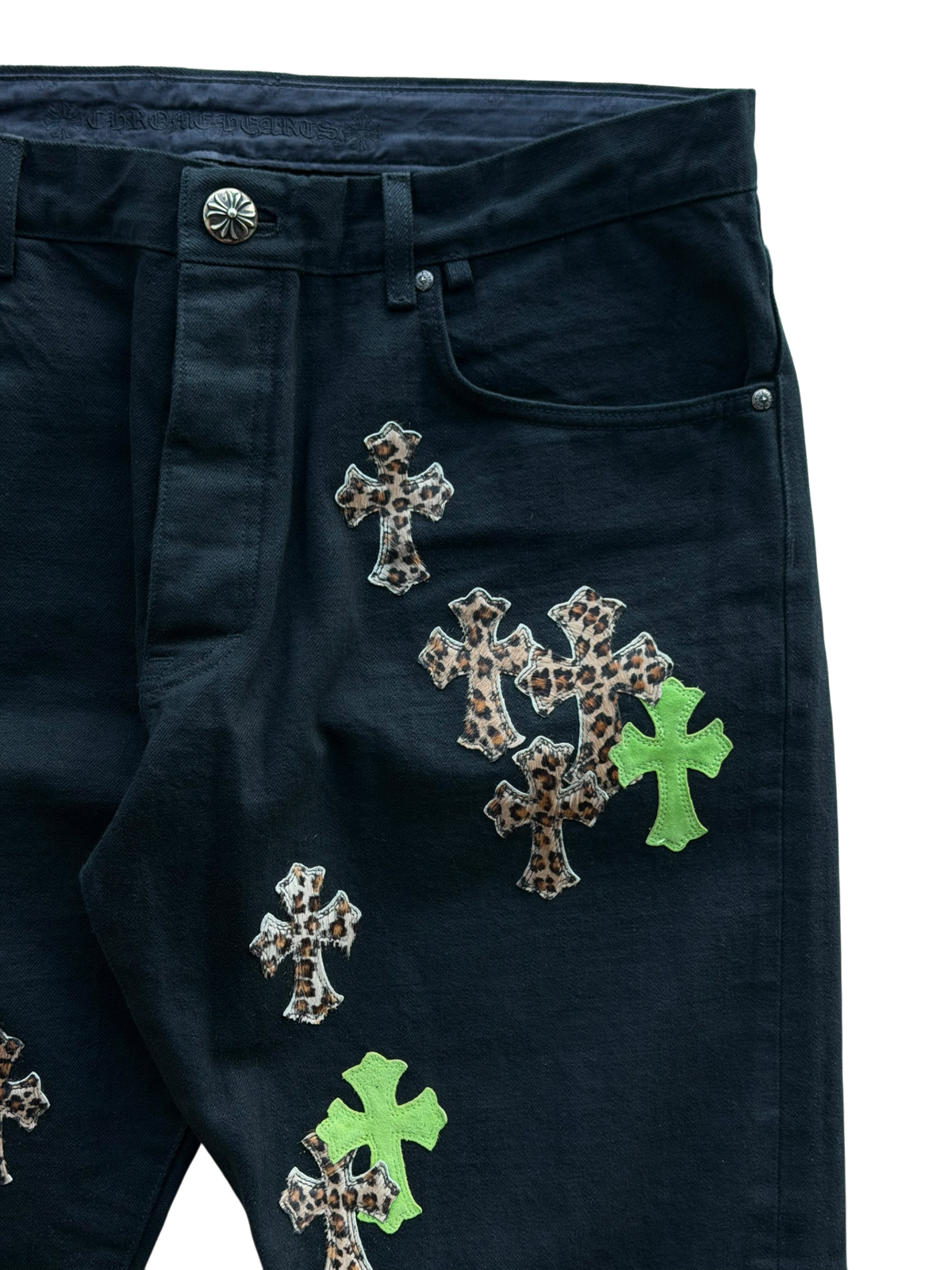 Leopard Green Leather Cross Patch Jeans