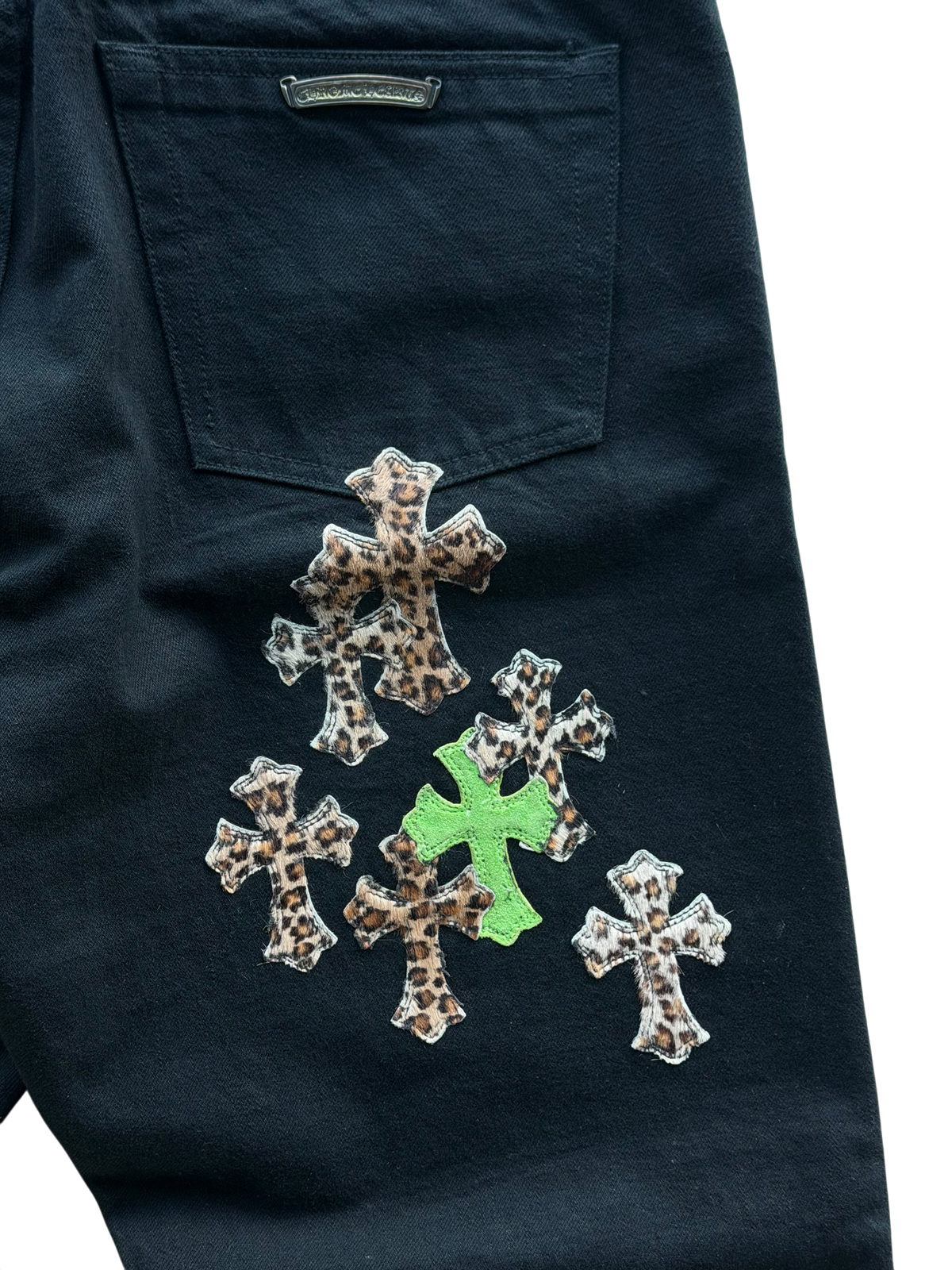 Leopard Green Leather Cross Patch Jeans
