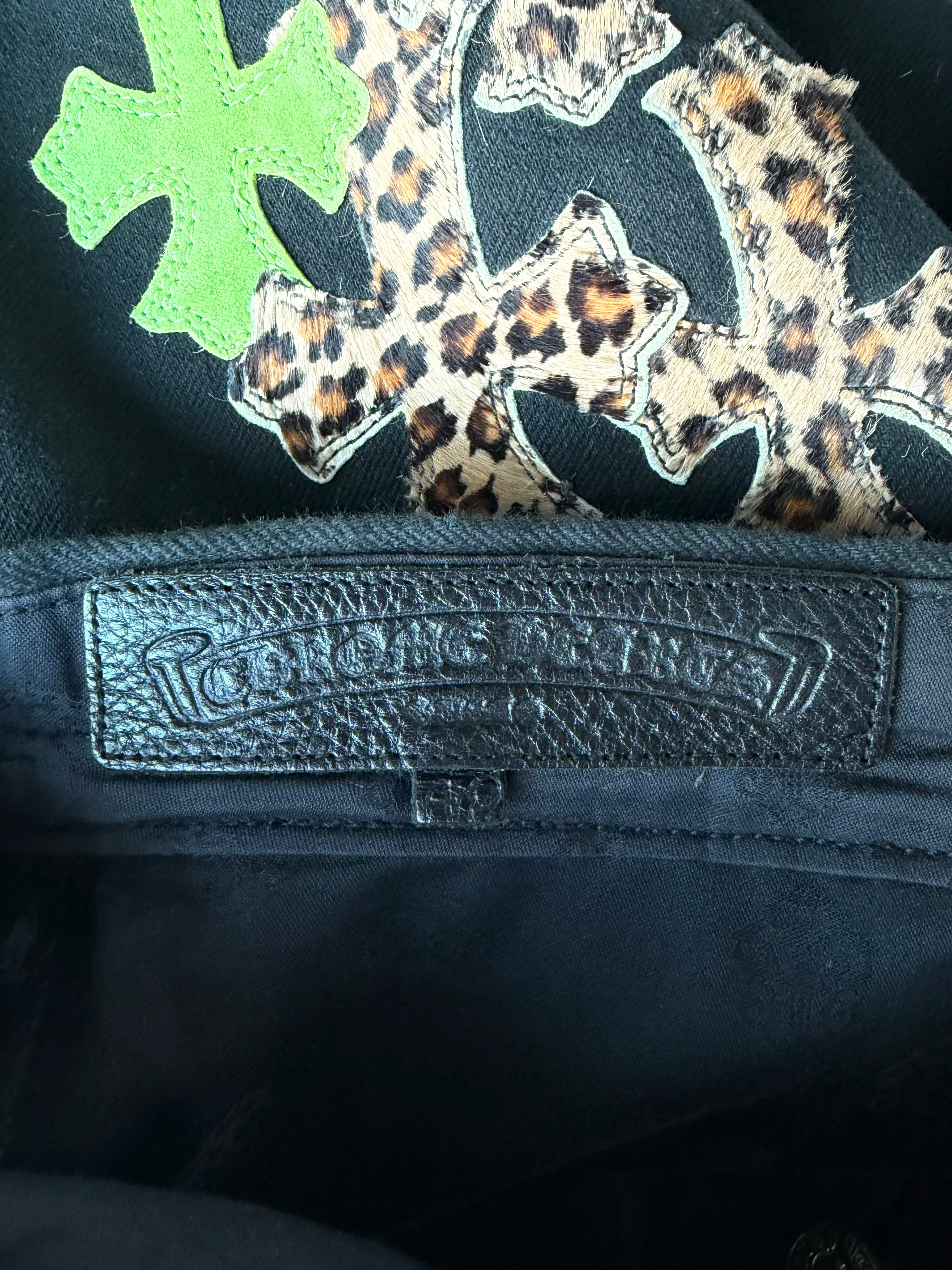 Leopard Green Leather Cross Patch Jeans
